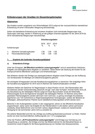 405 
Erläuterungen der Ansätze im Gesamtergebnisplan 
Allgemeines 
Die Ansätze wurden ausgehend vom Wirtschaftsplan 2015 aufgrund der voraussichtlichen betrieblichen 
Entwicklung mit einer individuellen Steigerung berücksichtigt. 
Sofern die betriebliche Entwicklung bei einzelnen Ansätzen nicht individuelle Steigerungen bzw. 
Senkungen nahe legt, werden in Anlehnung an die gültigen Orientierungsdaten für die Jahre 2016 bis 
2018 nachstehende Steigerungen berücksichtigt: 
Orientierungsdaten 
2016 2017 2018 
% % % 
Aufwendungen 
1. Sächliche Verwaltungskosten 1,00 1,00 1,00 
2. Personalaufwendungen 1,00 1,00 1,00 
1. Ergebnis der laufenden Verwaltungstätigkeit 
a) Ordentliche Erträge 
Unter der Ertragsart „04 Öffentlich-rechtliche Leistungsentgelte“ sind im wesentlichen Gebühren, 
Entgelte und zweckgebundene Abgaben zu verstehen. Diese dienen der Deckung der Kosten für die 
Inanspruchnahme öffentlicher Leistungen und Amtshandlungen. 
Des Weiteren werden hier Erträge aus zweckgebundenen Abgaben sowie Erträge aus der Auflösung 
von Sonderposten für Beiträge und Gebührenausgleiche gebucht. 
Als wichtigster Ertragsposten sind die Kanalbenutzungsgebühren zu benennen. Die endgültige Höhe 
der Kanalbenutzungsgebühr für 2015 wird im Rahmen der Gebührenkalkulation ermittelt. 
Weiterhin fließen die Gebühren für Regenwasser in diese Position mit ein. Die Flächendaten aller 
Grundstücke werden stichprobenartig überprüft und ggf. nach oben korrigiert. Gründe hierfür sind z.B. 
die Aktualisierung der befestigten Flächen aufgrund neuer Bauvorhaben sowie die fehlerhafte 
Flächenangabe durch die Eigentümer bezüglich der befestigten Flächen. Im Rahmen eines EDV-gestützten 
Flächenabgleichs werden demnach noch nicht bzw. zu gering veranlagte Grundstücks-eigentümer 
zum Teil rückwirkend zu Regenwassergebühren herangezogen, sodass der Bestand an 
befestigten, abflusswirksamen Flächen durch detaillierte Erhebungsdaten erhöht werden kann. 
Bereiche in den Außengebieten wurden in den vergangenen Jahren an die öffentliche Kanalisation 
angeschlossen, daher waren die Entgelte für die Fäkalienabfuhr in den letzten Jahren permanent 
rückläufig. Diese Maßnahmen sind nunmehr nahezu abgeschlossen, sodass ein bezeichnender 
Rückgang für die kommenden Jahre nicht zu erwarten ist. 
Als weiterer Bestandteil sind hier die „Erträge aus Auflösung Baukostenzuschüsse“ zu finden. Hierbei 
wurde von einer durchschnittlichen Auflösungsrate von 1,5 % ausgegangen. 
Unter der Position „05 Privatrechtliche Leistungsentgelte“ sind Erträge aus Vermietung und 
Verpachtung zu verstehen. Als Erträge sind hier die Mieteinnahmen für die Klärwärterhäuser zu 
verzeichnen sowie Entgelte für die Nutzungsüberlassung von Geräten des Abwasserwerkes. 
 