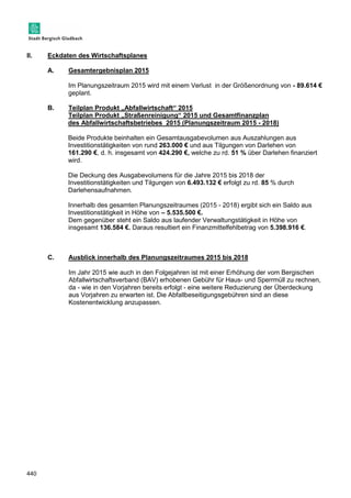 II. Eckdaten des Wirtschaftsplanes 
440 
A. Gesamtergebnisplan 2015 
Im Planungszeitraum 2015 wird mit einem Verlust in der Größenordnung von - 89.614 € 
geplant. 
B. Teilplan Produkt „Abfallwirtschaft“ 2015 
Teilplan Produkt „Straßenreinigung“ 2015 und Gesamtfinanzplan 
des Abfallwirtschaftsbetriebes 2015 (Planungszeitraum 2015 - 2018) 
Beide Produkte beinhalten ein Gesamtausgabevolumen aus Auszahlungen aus 
Investitionstätigkeiten von rund 263.000 € und aus Tilgungen von Darlehen von 
161.290 €, d. h. insgesamt von 424.290 €, welche zu rd. 51 % über Darlehen finanziert 
wird. 
Die Deckung des Ausgabevolumens für die Jahre 2015 bis 2018 der 
Investitionstätigkeiten und Tilgungen von 6.493.132 € erfolgt zu rd. 85 % durch 
Darlehensaufnahmen. 
Innerhalb des gesamten Planungszeitraumes (2015 - 2018) ergibt sich ein Saldo aus 
Investitionstätigkeit in Höhe von – 5.535.500 €. 
Dem gegenüber steht ein Saldo aus laufender Verwaltungstätigkeit in Höhe von 
insgesamt 136.584 €. Daraus resultiert ein Finanzmittelfehlbetrag von 5.398.916 €. 
C. Ausblick innerhalb des Planungszeitraumes 2015 bis 2018 
Im Jahr 2015 wie auch in den Folgejahren ist mit einer Erhöhung der vom Bergischen 
Abfallwirtschaftsverband (BAV) erhobenen Gebühr für Haus- und Sperrmüll zu rechnen, 
da - wie in den Vorjahren bereits erfolgt - eine weitere Reduzierung der Überdeckung 
aus Vorjahren zu erwarten ist. Die Abfallbeseitigungsgebühren sind an diese 
Kostenentwicklung anzupassen. 
 