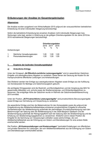 445 
Erläuterungen der Ansätze im Gesamtergebnisplan 
Allgemeines 
Die Ansätze wurden ausgehend vom Wirtschaftsplan 2015 aufgrund der voraussichtlichen betrieblichen 
Entwicklung mit einer individuellen Steigerung berücksichtigt. 
Sofern die betriebliche Entwicklung bei einzelnen Ansätzen nicht individuelle Steigerungen bzw. 
Senkungen nahe legt, werden in Anlehnung an die gültigen Orientierungsdaten für die Jahre 2016 bis 
2018 nachstehende Steigerungen berücksichtigt: 
Orientierungsdaten 
2016 2017 2018 
% % % 
Aufwendungen 
1. Sächliche Verwaltungskosten 1,00 1,00 1,00 
2. Personalaufwendungen 1,00 1,00 1,00 
1. Ergebnis der laufenden Verwaltungstätigkeit 
a) Ordentliche Erträge 
Unter der Ertragsart „04 Öffentlich-rechtliche Leistungsentgelte“ sind im wesentlichen Gebühren, 
Entgelte und zweckgebundene Abgaben zu verstehen. Diese dienen der Deckung der Kosten für die 
Inanspruchnahme öffentlicher Leistungen und Amtshandlungen. 
Des Weiteren werden hier Erträge aus zweckgebundenen Abgaben sowie Erträge aus der Auflösung 
von Sonderposten für Beiträge und Gebührenausgleich gebucht. 
Als wichtigster Ertragsposten sind die Restmüll- und Biomüllgebühren und die Vergütung des BAV für 
gesammelte Alttextilien und -schuhe sowie die Straßenreinigungs- und Winterdienstgebühren zu 
benennen. Die endgültige Höhe der Gebühren wurde im Rahmen der Gebührenbedarfsberechnung 
2015 ermittelt. 
Unter der Position „05 Privatrechtliche Leistungsentgelte“ sind privatrechtliche Benutzungsentgelte 
sowie Erträge aus Vermietung und Verpachtung zu verstehen. 
Als wesentliche Erträge sind hier die Mieteinnahmen für den Kompostplatz sowie die aufgrund der 
Entgeltordnung des Abfallwirtschaftsbetriebes erhobenen privatrechtlichen Entgelte für erbrachte 
Sonderleistungen der Abfallentsorgung außerhalb der planmäßigen Grundstücksentsorgung nach den 
Bestimmungen der Satzung über die Abfallentsorgung in der Stadt Bergisch Gladbach und der 
Straßenreinigung außerhalb der Reinigungspflicht nach der Satzung über die Straßenreinigung und die 
Erhebung von Straßenreinigungsgebühren zu verzeichnen. Weiterhin sind in dieser Position die 
Entgelte für die Sammlung von Verpackungen enthalten sowie solche Erträge, die vom 
Abfallwirtschaftsbetrieb aus der Erbringung von Gütern und Dienstleistungen für eine andere Stelle 
erwirtschaftet werden. 
Die Position „06 Kostenerstattungen und Kostenumlagen“ beinhaltet Erstattungen von öffentlichen 
und privaten Bereichen für Leistungen, die vom Abfallwirtschaftsbetrieb aus der Erbringung von Gütern 
und Dienstleistungen erwirtschaftet werden. 
 