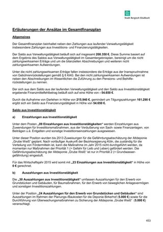 453 
Erläuterungen der Ansätze im Gesamtfinanzplan 
Allgemeines 
Der Gesamtfinanzplan beinhaltet neben den Zahlungen aus laufender Verwaltungstätigkeit 
insbesondere Zahlungen aus Investitions- und Finanzierungstätigkeiten. 
Der Saldo aus Verwaltungstätigkeit beläuft sich auf insgesamt 208.350 €. Diese Summe basiert auf 
dem Ergebnis des Saldos aus Verwaltungstätigkeit im Gesamtergebnisplan, bereinigt um die nicht 
zahlungswirksamen Erträge und um die bilanziellen Abschreibungen und weiteren nicht 
zahlungswirksamen Aufwendungen. 
Unter die nicht zahlungswirksamen Erträge fallen insbesondere die Erträge aus der Inanspruchnahme 
von Gebührenrückstellungen gemäß § 6 KAG. Bei den nicht zahlungswirksamen Aufwendungen ist 
neben den Abschreibungen im Wesentlichen die Zuführung zu den Pensions- und Beihilfe-rückstellungen 
zu nennen. 
Der sich aus dem Saldo aus der laufenden Verwaltungstätigkeit und den Saldo aus Investitionstätigkeit 
ergebende Finanzmittelfehlbetrag beläuft sich auf eine Höhe von - 54.650 €. 
Durch die Aufnahme von Darlehen in Höhe von 215.940 €, gemindert um Tilgungszahlungen 161.290 € 
ergibt sich ein Saldo aus Finanzierungstätigkeit in Höhe von 54.650 €. 
Saldo aus Investitionstätigkeit 
a) Einzahlungen aus Investitionstätigkeit 
Unter dem Posten „09 Einzahlungen aus Investitionstätigkeiten“ werden Einzahlungen aus 
Zuwendungen für Investitionsmaßnahmen, aus der Veräußerung von Sach- sowie Finanzanlagen, von 
Beiträgen u.ä. Entgelten und sonstige Investitionseinzahlungen ausgewiesen. 
Unter dieser Position wurden bis 2013 Zuweisungen für die Gefährdungsabschätzung der Altdeponie 
„Grube Weiß“ geplant. Nach vorläufiger Auskunft der Bezirksregierung Köln, die zuständig für die 
Verteilung von Fördermitteln ist, kann die Maßnahme im Jahr 2015 nicht durchgeführt werden, da 
momentan nur Maßnahmen der Priorität 1 (= Gefahr für Leib und Leben) gefördert werden. Die 
Gefährdungsabschätzung der Altdeponie „Grube Weiß“ ist nur in Priorität 2 (= Grundwasser-gefährdung) 
eingestuft. 
Für das Wirtschaftsjahr 2015 wird somit mit „23 Einzahlungen aus Investitionstätigkeit“ in Höhe von 
0 € gerechnet. 
b) Auszahlungen aus Investitionstätigkeit 
Die „30 Auszahlungen aus Investitionstätigkeit“ umfassen Auszahlungen für den Erwerb von 
Grundstücken und Gebäuden, für Baumaßnahmen, für den Erwerb von beweglichen Anlagevermögen 
und sonstigen Investitionszahlungen. 
Unter der Position „24 Auszahlungen für den Erwerb von Grundstücken und Gebäuden“ sind 
Auszahlungen im Rahmen der Planungs-/Baukosten für die Deponie Birkerhof (5.000 €) sowie für die 
Durchführung von Überwachungsmaßnahmen zu Sicherung der Altdeponie „Grube Weiß“ (5.000 €) 
veranschlagt. 
 