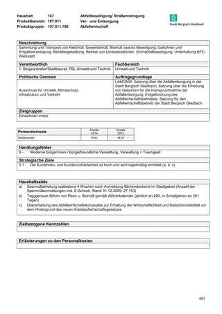 Haushalt: 107 Abfallbeseitigung/ Straßenreinigung 
Produktbereich: 107.011 Ver- und Entsorgung 
Produktgruppe: 107.011.790 Abfallwirtschaft 
Beschreibung 
Sammlung und Transport von Restmüll, Gewerbemüll, Biomüll zwecks Beseitigung; Gebühren und 
Entgeltveranlagung; Behältergestellung, Betrieb von Umladestationen, Grünabfallbeseitigung; Unterhaltung KFZ-Werkstatt 
457 
Verantwortlich Fachbereich 
1. Beigeordneter/Stadtbaurat, FBL Umwelt und Technik Umwelt und Technik 
Politische Gremien Auftragsgrundlage 
Ausschuss für Umwelt, Klimaschutz, 
Infrastruktur und Verkehr 
LAbfGNW; Satzung über die Abfallentsorgung in der 
Stadt Bergisch Gladbach; Satzung über die Erhebung 
von Gebühren für die Inanspruchnahme der 
Abfallentsorgung; Entgeltordnung des 
Abfallwirtschaftsbetriebes, Satzung für den 
Abfallwirtschaftsbetrieb der Stadt Bergisch Gladbach 
Zielgruppen 
Einwohner/-innen 
Personaleinsatz Ansatz 
2014 
Ansatz 
2015 
Stellenanteil 56,63 58,05 
Handlungsfelder 
5 - Moderne bürgerinnen-/ bürgerfreundliche Verwaltung, Verwaltung = Teamgeist 
Strategische Ziele 
5.1 Die Kundinnen- und Kundenzufriedenheit ist hoch und wird regelmäßig ermittelt (a, b, c) 
Haushaltsziele 
a) Spermüllabholung spätestens 4 Wochen nach Anmeldung flächendeckend im Stadtgebiet (Anzahl der 
Sperrmüllanmeldungen incl. E-Schrott. Stand 31.12.2009: 27.153) 
b) Tagggenaue Abfuhr von Rest- u. Biomüll gemäß Abfuhrkalender (jährlich an 260, in Schaltjahren an 261 
Tagen) 
c) Überarbeitung des Abfallwirtschaftskonzeptes zur Erhaltung der Wirtschaftlichkeit und Gebührenstabilität vor 
dem Hintergrund des neuen Kreislaufwirtschaftsgesetzes. 
Zielbezogene Kennzahlen 
Erläuterungen zu den Personalkosten 
 