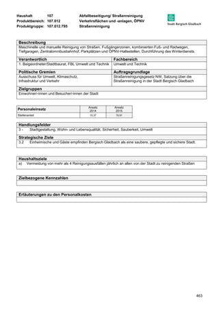 Haushalt: 107 Abfallbeseitigung/ Straßenreinigung 
Produktbereich: 107.012 Verkehrsflächen und -anlagen, ÖPNV 
Produktgruppe: 107.012.795 Straßenreinigung 
463 
Beschreibung 
Maschinelle und manuelle Reinigung von Straßen, Fußgängerzonen, kombinierten Fuß- und Radwegen, 
Tiefgaragen, Zentralomnibusbahnhof, Parkplätzen und ÖPNV-Haltestellen; Durchführung des Winterdiensts. 
Verantwortlich Fachbereich 
1. Beigeordneter/Stadtbaurat, FBL Umwelt und Technik Umwelt und Technik 
Politische Gremien Auftragsgrundlage 
Ausschuss für Umwelt, Klimaschutz, 
Straßenreinigungsgesetz NW, Satzung über die 
Infrastruktur und Verkehr 
Straßenreinigung in der Stadt Bergisch Gladbach 
Zielgruppen 
Einwohner/-innen und Besucher/-innen der Stadt 
Personaleinsatz Ansatz 
2014 
Ansatz 
2015 
Stellenanteil 15,37 15,51 
Handlungsfelder 
3 - Stadtgestaltung, Wohn- und Lebensqualität, Sicherheit, Sauberkeit, Umwelt 
Strategische Ziele 
3.2 Einheimische und Gäste empfinden Bergisch Gladbach als eine saubere, gepflegte und sichere Stadt. 
Haushaltsziele 
a) Vermeidung von mehr als 4 Reinigungsausfällen jährlich an allen von der Stadt zu reinigenden Straßen 
Zielbezogene Kennzahlen 
Erläuterungen zu den Personalkosten 
 