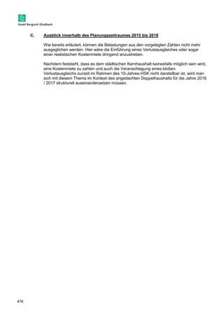 476 
C. Ausblick innerhalb des Planungszeitraumes 2015 bis 2018 
Wie bereits erläutert, können die Belastungen aus den vorgelegten Zahlen nicht mehr 
ausgeglichen werden. Hier wäre die Einführung eines Verlustausgleiches oder sogar 
einer realistischen Kostenmiete dringend anzustreben. 
Nachdem feststeht, dass es dem städtischen Kernhaushalt keinesfalls möglich sein wird, 
eine Kostenmiete zu zahlen und auch die Veranschlagung eines bloßen 
Verlustausgleichs zurzeit im Rahmen des 10-Jahres-HSK nicht darstellbar ist, wird man 
sich mit diesem Thema im Kontext des angedachten Doppelhaushalts für die Jahre 2016 
/ 2017 strukturell auseinandersetzen müssen. 
 