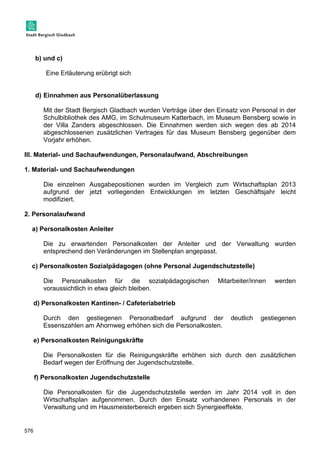 576 
b) und c) 
Eine Erläuterung erübrigt sich 
d) Einnahmen aus Personalüberlassung 
Mit der Stadt Bergisch Gladbach wurden Verträge über den Einsatz von Personal in der 
Schulbibliothek des AMG, im Schulmuseum Katterbach, im Museum Bensberg sowie in 
der Villa Zanders abgeschlossen. Die Einnahmen werden sich wegen des ab 2014 
abgeschlossenen zusätzlichen Vertrages für das Museum Bensberg gegenüber dem 
Vorjahr erhöhen. 
III. Material- und Sachaufwendungen, Personalaufwand, Abschreibungen 
1. Material- und Sachaufwendungen 
Die einzelnen Ausgabepositionen wurden im Vergleich zum Wirtschaftsplan 2013 
aufgrund der jetzt vorliegenden Entwicklungen im letzten Geschäftsjahr leicht 
modifiziert. 
2. Personalaufwand 
a) Personalkosten Anleiter 
Die zu erwartenden Personalkosten der Anleiter und der Verwaltung wurden 
entsprechend den Veränderungen im Stellenplan angepasst. 
c) Personalkosten Sozialpädagogen (ohne Personal Jugendschutzstelle) 
Die Personalkosten für die sozialpädagogischen Mitarbeiter/innen werden 
voraussichtlich in etwa gleich bleiben. 
d) Personalkosten Kantinen- / Cafeteriabetrieb 
Durch den gestiegenen Personalbedarf aufgrund der deutlich gestiegenen 
Essenszahlen am Ahornweg erhöhen sich die Personalkosten. 
e) Personalkosten Reinigungskräfte 
Die Personalkosten für die Reinigungskräfte erhöhen sich durch den zusätzlichen 
Bedarf wegen der Eröffnung der Jugendschutzstelle. 
f) Personalkosten Jugendschutzstelle 
Die Personalkosten für die Jugendschutzstelle werden im Jahr 2014 voll in den 
Wirtschaftsplan aufgenommen. Durch den Einsatz vorhandenen Personals in der 
Verwaltung und im Hausmeisterbereich ergeben sich Synergieeffekte. 
 