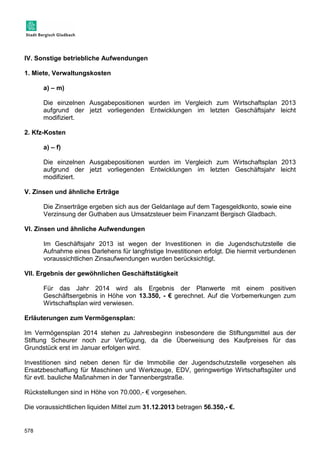 IV. Sonstige betriebliche Aufwendungen 
1. Miete, Verwaltungskosten 
578 
a) – m) 
Die einzelnen Ausgabepositionen wurden im Vergleich zum Wirtschaftsplan 2013 
aufgrund der jetzt vorliegenden Entwicklungen im letzten Geschäftsjahr leicht 
modifiziert. 
2. Kfz-Kosten 
a) – f) 
Die einzelnen Ausgabepositionen wurden im Vergleich zum Wirtschaftsplan 2013 
aufgrund der jetzt vorliegenden Entwicklungen im letzten Geschäftsjahr leicht 
modifiziert. 
V. Zinsen und ähnliche Erträge 
Die Zinserträge ergeben sich aus der Geldanlage auf dem Tagesgeldkonto, sowie eine 
Verzinsung der Guthaben aus Umsatzsteuer beim Finanzamt Bergisch Gladbach. 
VI. Zinsen und ähnliche Aufwendungen 
Im Geschäftsjahr 2013 ist wegen der Investitionen in die Jugendschutzstelle die 
Aufnahme eines Darlehens für langfristige Investitionen erfolgt. Die hiermit verbundenen 
voraussichtlichen Zinsaufwendungen wurden berücksichtigt. 
VII. Ergebnis der gewöhnlichen Geschäftstätigkeit 
Für das Jahr 2014 wird als Ergebnis der Planwerte mit einem positiven 
Geschäftsergebnis in Höhe von 13.350, - € gerechnet. Auf die Vorbemerkungen zum 
Wirtschaftsplan wird verwiesen. 
Erläuterungen zum Vermögensplan: 
Im Vermögensplan 2014 stehen zu Jahresbeginn insbesondere die Stiftungsmittel aus der 
Stiftung Scheurer noch zur Verfügung, da die Überweisung des Kaufpreises für das 
Grundstück erst im Januar erfolgen wird. 
Investitionen sind neben denen für die Immobilie der Jugendschutzstelle vorgesehen als 
Ersatzbeschaffung für Maschinen und Werkzeuge, EDV, geringwertige Wirtschaftsgüter und 
für evtl. bauliche Maßnahmen in der Tannenbergstraße. 
Rückstellungen sind in Höhe von 70.000,- € vorgesehen. 
Die voraussichtlichen liquiden Mittel zum 31.12.2013 betragen 56.350,- €. 
 