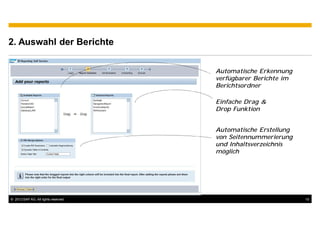 2. Auswahl der Berichte


                                      Automatische Erkennung
                                      verfügbarer Berichte im
                                      Berichtsordner

                                      Einfache Drag &
                                      Drop Funktion


                                      Automatische Erstellung
                                      von Seitennummerierung
                                      und Inhaltsverzeichnis
                                      möglich




© 2012 SAP AG. All rights reserved.                             10
 
