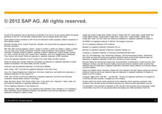 © 2012 SAP AG. All rights reserved.

No part of this publication may be reproduced or transmitted in any form or for any purpose without the express   Google App Engine, Google Apps, Google Checkout, Google Data API, Google Maps, Google Mobile Ads,
permission of SAP AG. The information contained herein may be changed without prior notice.                       Google Mobile Updater, Google Mobile, Google Store, Google Sync, Google Updater, Google Voice,
                                                                                                                  Google Mail, Gmail, YouTube, Dalvik and Android are trademarks or registered trademarks of Google Inc.
Some software products marketed by SAP AG and its distributors contain proprietary software components of
other software vendors.                                                                                           INTERMEC is a registered trademark of Intermec Technologies Corporation.
Microsoft, Windows, Excel, Outlook, PowerPoint, Silverlight, and Visual Studio are registered trademarks of       Wi-Fi is a registered trademark of Wi-Fi Alliance.
Microsoft Corporation.
                                                                                                                  Bluetooth is a registered trademark of Bluetooth SIG Inc.
IBM, DB2, DB2 Universal Database, System i, System i5, System p, System p5, System x, System z, System
                                                                                                                  Motorola is a registered trademark of Motorola Trademark Holdings LLC.
z10, z10, z/VM, z/OS, OS/390, zEnterprise, PowerVM, Power Architecture, Power Systems, POWER7,
POWER6+, POWER6, POWER, PowerHA, pureScale, PowerPC, BladeCenter, System Storage, Storwize,                       Computop is a registered trademark of Computop Wirtschaftsinformatik GmbH.
XIV, GPFS, HACMP, RETAIN, DB2 Connect, RACF, Redbooks, OS/2, AIX, Intelligent Miner, WebSphere,
Tivoli, Informix, and Smarter Planet are trademarks or registered trademarks of IBM Corporation.                  SAP, R/3, SAP NetWeaver, Duet, PartnerEdge, ByDesign, SAP BusinessObjects Explorer, StreamWork,
                                                                                                                  SAP HANA, and other SAP products and services mentioned herein as well as their respective logos are
Linux is the registered trademark of Linus Torvalds in the United States and other countries.                     trademarks or registered trademarks of SAP AG in Germany and other countries.
Adobe, the Adobe logo, Acrobat, PostScript, and Reader are trademarks or registered trademarks of Adobe           Business Objects and the Business Objects logo, BusinessObjects, Crystal Reports, Crystal Decisions, Web
Systems Incorporated in the United States and other countries.                                                    Intelligence, Xcelsius, and other Business Objects products and services mentioned herein as well as their
                                                                                                                  respective logos are trademarks or registered trademarks of Business Objects Software Ltd. Business Objects
Oracle and Java are registered trademarks of Oracle and its affiliates.
                                                                                                                  is an SAP company.
UNIX, X/Open, OSF/1, and Motif are registered trademarks of the Open Group.
                                                                                                                  Sybase and Adaptive Server, iAnywhere, Sybase 365, SQL Anywhere, and other Sybase products and services
Citrix, ICA, Program Neighborhood, MetaFrame, WinFrame, VideoFrame, and MultiWin are trademarks or                mentioned herein as well as their respective logos are trademarks or registered trademarks of Sybase Inc.
registered trademarks of Citrix Systems Inc.                                                                      Sybase is an SAP company.
HTML, XML, XHTML, and W3C are trademarks or registered trademarks of W3C®, World Wide Web                         Crossgate, m@gic EDDY, B2B 360°, and B2B 360° Services are registered trademarks of Crossgate AG
Consortium, Massachusetts Institute of Technology.                                                                in Germany and other countries. Crossgate is an SAP company.
Apple, App Store, iBooks, iPad, iPhone, iPhoto, iPod, iTunes, Multi-Touch, Objective-C, Retina, Safari, Siri,     All other product and service names mentioned are the trademarks of their respective companies. Data
and Xcode are trademarks or registered trademarks of Apple Inc.                                                   contained in this document serves informational purposes only. National product specifications may vary.
IOS is a registered trademark of Cisco Systems Inc.                                                               The information in this document is proprietary to SAP. No part of this document may be reproduced, copied,
                                                                                                                  or transmitted in any form or for any purpose without the express prior written permission of SAP AG.
RIM, BlackBerry, BBM, BlackBerry Curve, BlackBerry Bold, BlackBerry Pearl, BlackBerry Torch, BlackBerry
Storm, BlackBerry Storm2, BlackBerry PlayBook, and BlackBerry App World are trademarks or registered
trademarks of Research in Motion Limited.




 © 2012 SAP AG. All rights reserved.                                                                                                                                                                                         27
 