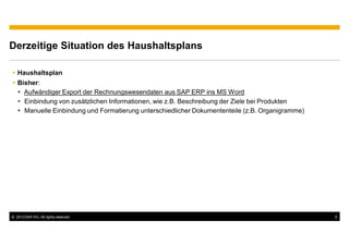 Derzeitige Situation des Haushaltsplans

   Haushaltsplan
   Bisher:
     Aufwändiger Export der Rechnungswesendaten aus SAP ERP ins MS Word
     Einbindung von zusätzlichen Informationen, wie z.B. Beschreibung der Ziele bei Produkten
     Manuelle Einbindung und Formatierung unterschiedlicher Dokumententeile (z.B. Organigramme)




© 2012 SAP AG. All rights reserved.                                                               5
 