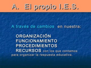 A.  El propio I.E.S.
A través de cambios en nuestra:
ORGANIZACIÓN
FUNCIONAMIENTO
PROCEDIMIENTOS
RECURSOS con los que contamos

para organizar la respuesta educativa.

 