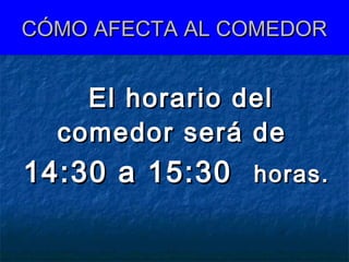CÓMO AFECTA AL COMEDOR

El horario del
comedor será de

14:30 a 15:30

horas.

 