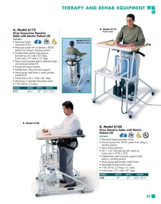THERAPY AND REHAB EQUIPMENT




A. Model 6175                                                          A. Model 6175
                                                                          Front view
Hi-Lo Econo-Line Stand-In
Table with Electric Patient Lift
FEATURES:
                                                        Model 6175
• Motorized height                                      Reverse view
  adjustment of top.
• Motorized patient lift can elevate a 300 lb.
  patient from sitting to standing position.
• Durable White Leather high pressure
  laminate top 33” wide x 24” deep.
  Cutout size is 19” wide x 10” deep.
• Hand control operates electric table-top height
  and motorized patient lift.
• Includes lift support harness.
• Padded knee, chest and back supports.
• Heavy gauge steel frame in cream powder
  coated finish.
• Frame base is 36 1⁄2 ” wide x 42” deep.
• (4) locking 3” diameter heavy-duty casters.
• 110V, 60 Hz, 3.5 amps.
MODEL          WIDTH      DEPTH      HEIGHT
6175            36½”       42” 42½”- 52½”




            B. Model 6180
                                                                       B. Model 6180
                                                                       Hi-Lo Stand-in Table with Electric
                                                                       Patient Lift
                                                                       FEATURES:
                                                                       • Motorized height adjustment of top.
                                                                       • Unit can power lift a 350 lb. patient from sitting to
                                                                         standing position.
                                                                       • Hand control operation.
                                                                       • 33 1⁄2 ” x 25” laminate top with raised rim.
                                                                         Cutout size is 19”W x 10”D.
                                                                       • Padded knee, chest and back supports holds
                                                                         patient in standing position.
                                                                       • Heavy gauge steel powder coated frame.
                                                                       • Retractable locking swivel casters.
                                                                       • 110V, 60 Hz, 3.5 Amps. U.L. Listed.
                                                                       • Frame base is 37” wide x 42” deep.
                                                                       MODEL             WIDTH       DEPTH       HEIGHT
                                                                       6180               37”         42”     42½”- 52 ½”




                                                                                                                             63
 