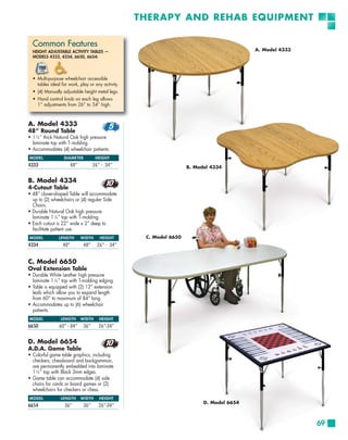 THERAPY AND REHAB EQUIPMENT

  Common Features
  HEIGHT ADJUSTABLE ACTIVITY TABLES —                                                     A. Model 4333
  MODELS 4333, 4334, 6650, 6654:




  • Multi-purpose wheelchair accessible
    tables ideal for work, play or any activity.
  • (4) Manually adjustable height metal legs.
  • Hand control knob on each leg allows
    1” adjustments from 26” to 34” high.



A. Model 4333
48” Round Table
• 1 1⁄8 ” thick Natural Oak high pressure
  laminate top with T-molding.
• Accommodates (4) wheelchair patients.
MODEL             DIAMETER          HEIGHT
4333                  48”          26” - 34”                        B. Model 4334


B. Model 4334
4-Cutout Table
• 48” clover-shaped Table will accommodate
  up to (2) wheelchairs or (4) regular Side
  Chairs.
• Durable Natural Oak high pressure
  laminate 1 1⁄8 ” top with T-molding.
• Each cutout is 22“ wide x 2” deep to
  facilitate patient use.
MODEL           LENGTH      WIDTH     HEIGHT        C. Model 6650
4334              48”        48”     26” - 34”


C. Model 6650
Oval Extension Table
• Durable White Leather high pressure
  laminate 1 1⁄8 ” top with T-molding edging.
• Table is equipped with (2) 12” extension
  leafs which allow you to expand length
  from 60” to maximum of 84” long.
• Accommodates up to (6) wheelchair
  patients.
MODEL            LENGTH     WIDTH     HEIGHT
6650            60” - 84”    36”     26”-34”


D. Model 6654
A.D.A. Game Table
• Colorful game table graphics, including
  checkers, chessboard and backgammon,
  are permanently embedded into laminate
  1 1⁄8 ” top with Black 3mm edges.
• Game table can accommodate (4) side
  chairs for cards or board games or (2)
  wheelchairs for checkers or chess.
MODEL            LENGTH     WIDTH     HEIGHT
                                                                          D. Model 6654
6654               36”       36”     26”-34”


                                                                                                          69
 