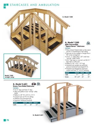 S TA I R C A S E S A N D A M B U L AT I O N



                                                                 A. Model 1580




                                                                    A. Model 1580
                                                                    ADA Convertible
                                                                    “Space-Saver” Staircase
                                                                    FEATURES:
                                                                    • More compact footprint takes up less space
                                                                      and fits in conventional 8’ high ceiling.
                                                                    • Staircase can be installed in straight line or
                                                                      90° corner arrangement.
                                                                    • A.D.A. 11” deep Steps x 36” wide have
                                                                      “anti-slip” Safety Treads.
                                                                    • (3) 6” high steps on one end, and (4) 4 1⁄2 ”
                                                                      high steps on other end.
                                                                    • Platform is 36” x 36” x 18” high.
                                                                    • Handrails and uprights are satin-finish
                                                                      premium hardwood and shipped R.T.A.
                                                                    • Handrails are designed for ergonomic
                                                                      comfort and have 12” A.D.A. overhang.
                                                                    MODEL             LENGTH     WIDTH    HEIGHT
                                                                    1580               91”         36”        18”
Model 1580
straight setup                                                      Corner           58” x 69”     36”        18”




            B. Model S-601
            Econo Two-Sided Staircase
            FEATURES:
            • Two 6” steps and three 4” steps.
            • Steps and platform have “anti-slip” safety
              treads.
            • Platform is 30” W x 24” D x 12” H
            • Compact size can fit in 8’ ceilings.
            • Folkstone Gray laminate finish.
            • Ergonomic hardwood handrails.
             MODEL           LENGTH    WIDTH     HEIGHT
            S-601               52”       30”        12”




                                                B. Model S-601



  78
 