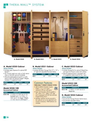 T H E R A - WA L L ™ S Y S T E M




                    A. Model 8250                   B. Model 8251                     C. Model 8252                  D. Model 8253




A. Model 8250 Cabinet                             B. Model 8251 Cabinet                               C. Model 8252 Cabinet
SPECIAL FEATURES:                                 SPECIAL FEATURES:                                   SPECIAL FEATURES:
• Includes upper dispenser for optional REP       • Includes (8) Plastic Storage Tubs (12” x 14” x    • Includes Storage Bin for optional Weight Bars
  Bands™.                                           4” high) and adjustable laminate shelves.           and space for Owner’s canes and crutches.
• (2) 10-hook metal wire racks on both interior   MODEL           WIDTH       DEPTH      HEIGHT
                                                                                                      • Almond pegboard back is equipped with
  sides to hold (20) optional Dumbbells.                                                                (11) pegboard safety hooks for misc. items.
• Almond-coated pegboard panel on inside          8251                32”     19½”          78”
                                                                                                      MODEL           WIDTH       DEPTH     HEIGHT
  back to hold (16) optional Hugger® Weights.
  Includes (11) pegboard hooks.                                                                       8252                 32”    19½”            78”
MODEL           WIDTH       DEPTH      HEIGHT
                                                    Common Features                                   Model 8252-100
8250                 32”    19½”          78”       THERA-WALL™ THERAPY STORAGE SYSTEM                Accessorized Cabinet
                                                    • MIX & MATCH Modular System.                     MODEL               CONSISTS OF
Model 8250-100                                        Order 1, 2, 3, 4 or more
Accessorized Cabinet                                  cabinets to fill any wall space.                8252-100    (1) 8252, (1) 5541 Set of (5)
                                                    • Each oak laminate cabinet module is                         Weight Bars.
MODEL               CONSISTS OF
                                                      32” wide x 19 1⁄2 ” deep x 78” high
8250-100    (1) 8250, (2) 5505 Sets of (10)           and is equipped with (2) Oak laminate           D. Model 8253 Cabinet
            Dumbbells each (1 to 10 lbs), (1)         hinged locking doors.                           SPECIAL FEATURES:
            5581 Set of (16) Hugger® Weights,       • Modular cabinets must be secured to             • (3) Laminate Storage Drawers behind doors.
            (1) 5531 Set of (5) REP Bands™            the wall and can an be detached and             • (3) Laminate adjustable shelves.
                                                      moved if necessary. Wall fasteners not
                                                      included.                                       MODEL           WIDTH       DEPTH     HEIGHT
                                                                                                      8253                 32”    19½”            78”




       56
 