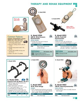 THERAPY AND REHAB EQUIPMENT


                                                               A. Model 8988




              Shown with                                                                     B. Model 8992
              option 8989




                                                                                                                           Option: 8993 –
                                                                                                                           Dual Grip Handle




                                               A. Model 8988                                      B. Model 8992
Common Features                                500 lb. Wrist/Forearm                              250 lb. Push-Pull
BASELINE ® DYNAMOMETERS & GAUGES –             Dynamometer                                        Dynamometer
MODELS 8981, 8983, 8988, 8992:                 SPECIAL FEATURES:                                  SPECIAL FEATURES:
• Time proven, hydraulic system                • Includes door knob grip to measure               • Measures push, pull, and lift forces.
  with analog (dial) readout.                    supination/pronation.                            • Can be used with 8986 Lift Platform on pg 61.
• Maximum reading remains until unit           MODEL        DESCRIPTION                           MODEL      DESCRIPTION
  is reset.                                    8988         Waist/Forearm Dynamometer             8992       Push-Pull Dynamometer with 3 different
• Strength measurement reads in lbs.                        w/door knob grip                                 push pads, 1 pull hook, 1 snap-lock hook
  and kg.
• Comes with portable carrying case
  (not shown)                                   OPTIONS                    FOR MODEL 8988          OPTION                      FOR MODEL 8992
• Made in the USA. CE certified.                8989 – Shovel handle accessory                     8993 – Dual grip handle
                                                8990 – Table mount bracket (not shown)



                                               C. Model 8981                                      D. Model 8983
E. Model 5096




E. Model 5096
Economy Push Up Blocks, Set of 2
• Ideal for upper extremity exercise and
  strength conditioning.
                                               C. Model 8981                                      D. Model 8983
• Black metal tubular construction.
                                               50 lb. Pinch Gauge                                 200 lb. Hand Dynamometer
• 6” Fixed handle height x 10” L x 7” W.
                                               FEATURES:                                          SPECIAL FEATURES:
• Comfortable foam handle grips.
• Equipped with (4) non-skid rubber feet.      • 50 lb. standard head hydraulic pinch gauge       • Popular therapy device accurately measures
                                                 has 2 1⁄2 ” dia. head and accurately measures      hand strength.
• 300 lbs. Per pair patient weight capacity.
                                                 pinch strength. Includes carrying case.
MODEL             WIDTH     LENGTH    HEIGHT   MODEL         DESCRIPTION                          MODEL        DESCRIPTION
5096                10”       7”         6”    8981          50 lb. Pinch Gauge                   8983         Hand Dynamometer

                                                                                                                                          59
 