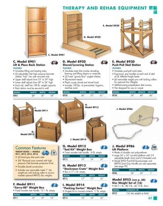 THERAPY AND REHAB EQUIPMENT


                                                                                              E. Model 8930




                                                                          D. Model 8920




                                       C. Model 8901


C. Model 8901                                     D. Model 8920                                      E. Model 8930
Lift & Place Rack Station                         Shovel/Levering Station                            Push-Pull Sled Station
FEATURES:                                         FEATURES:                                          FEATURES:
• Simulates lifting and loading tasks.            • Simulates tasks that involve shoveling,          • Simulates push-pull work tasks.
• (2) adjustable Oak high pressure laminate         levering and lifting objects or materials.       • Ergonomic grip handles at each end of sled
  shelves “lock” into side mounted rails.         • (3) Fixed “gravity flow” angled shelves.           at (3) different height levels.
• Upper shelf adjusts from 53” to 59” high.       • Slip-resistant treads.                           • (4) removable weight pins with locking collars
• Lower shelf adjusts from 28” to 34” high.       • Plastic scoop shovel and shovel hook.              for optional Disc Weights.
• Each adj. shelf has 100 lb. weight capacity.    • Includes 100 lbs. of pre-washed, hygienic,       • Self-lubricating polyethylene sled runners.
• Rack station must be secured to wall.             dust-free sand.                                  • Not designed for use on carpet.
MODEL              WIDTH     DEPTH     HEIGHT     MODEL              WIDTH      DEPTH   HEIGHT        MODEL               WIDTH     LENGTH      HEIGHT

8901                30”       18”        78”      8920                 36”      72”       61”        8930                  24”        40”            46”


                                                                             H.
                       F.                                                    Model 8913
                                                                                                          J. Model 8986
                       Model 8911




                G.
        Model 8912

                                                          I. Model 8914


                                                  G. Model 8912                                      J. Model 8986
  Common Features                                 “Tool Kit” Weight Box                              Lift Platform
  WEIGHT BOXES — MODELS                           • Fixed wooden tote handle. 16 lb. empty.          • Made of durable cast polyurethane.
  8911, 8912, 8913, 8914:
                                                  MODEL              WIDTH      DEPTH   HEIGHT       • Large 24” x 24” non-skid platform with 5 ft.
  • (2) hand grip slots each side.                                                                     adjustable length chain and (1) threaded oval.
  • 3⁄4” Plywood core covered with high
                                                  8912                 19”      14”       14”
                                                                                                     • Model 8992 Push-Pull Dynamometer and
    pressure Oak laminate protective finish.                                                           #8993 Dual Grip Handle are sold separately
  • Durable dowel construction.                   H. Model 8913                                        (see page 59).
  • Includes one removable metal 1” dia.          “Stockroom Crate” Weight Box                        MODEL              LENGTH      WIDTH      HEIGHT
    weight pin with locking collar to accom-      • Box is 17 1⁄2 lb. empty.
                                                                                                     8986                  24”        24”            1”
    modate optional #8952 disc weights.           MODEL              WIDTH      DEPTH   HEIGHT
                                                  8913                 17”      17”       14”        Model 8952 (see p. 60)
                                                                                                     Disc Weight Set of (16)
F. Model 8911                                     I. Model 8914                                      • (4) 2 1⁄2 lb., (8) 5 lb., (4) 10 lb. discs.
“Carry-All” Weight Box                            “Packing Carton” Weight Box
• Fixed wooden tote handle. 12 1 ⁄ 2 lb. empty.                                                       MODEL           CONSISTS OF
                                                  • Hinged lid to conceal contents. 17 lb. empty.
MODEL              WIDTH     DEPTH     HEIGHT
                                                                                                     8952             (16) disc weights as listed
                                                  MODEL              WIDTH      DEPTH   HEIGHT
8911                14”       14”        14”      8914                 14”      14”       14”                                                       61
 