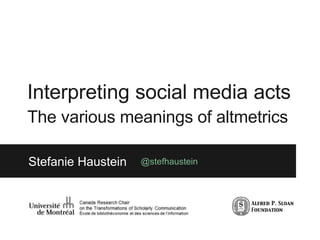 Interpreting social media acts
The various meanings of altmetrics
Stefanie Haustein @stefhaustein
 