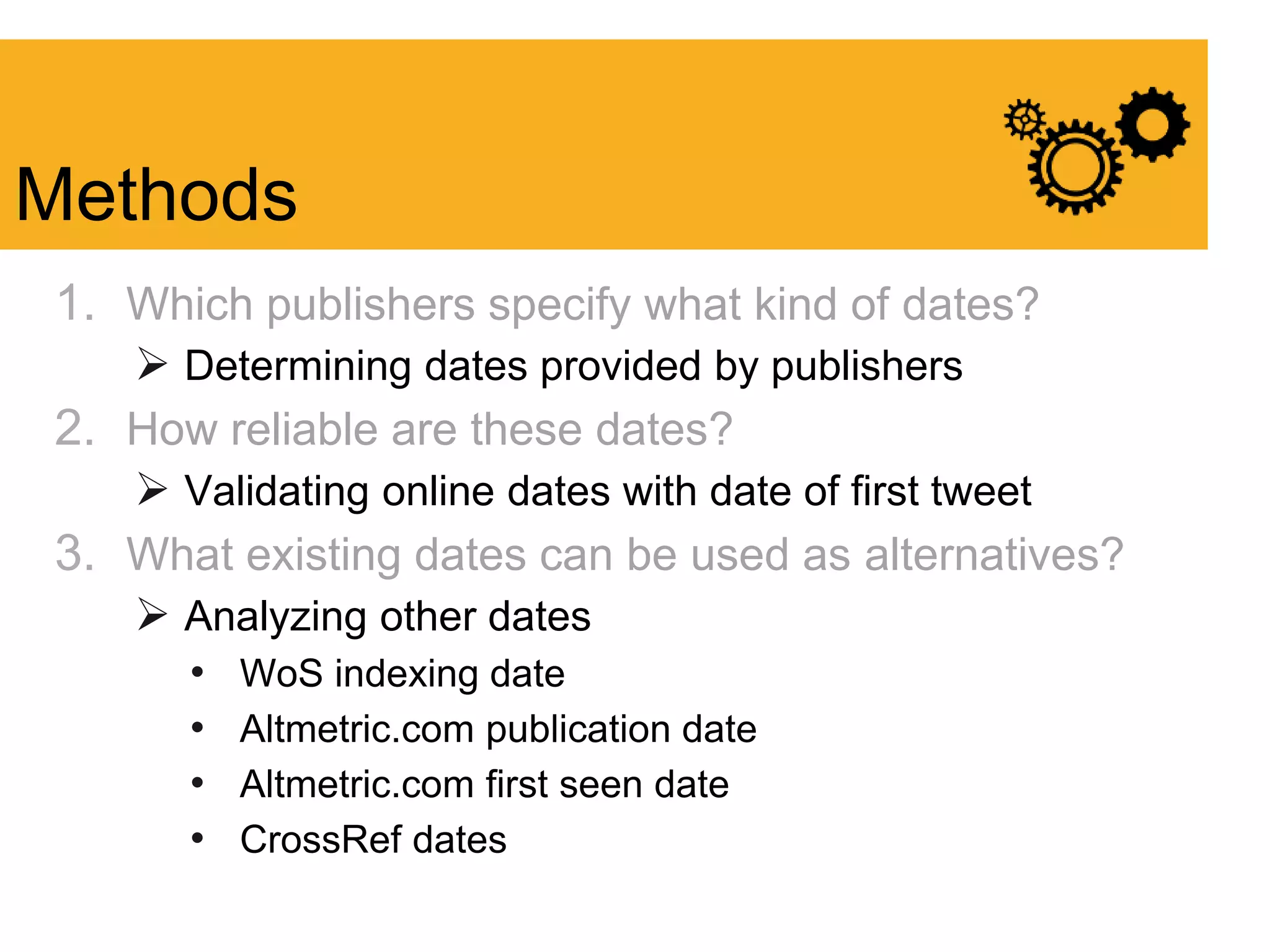 1. Which publishers specify what kind of dates?
 Determining dates provided by publishers
2. How reliable are these dates?
 Validating online dates with date of first tweet
3. What existing dates can be used as alternatives?
 Analyzing other dates
• WoS indexing date
• Altmetric.com publication date
• Altmetric.com first seen date
• CrossRef dates
Methods
 
