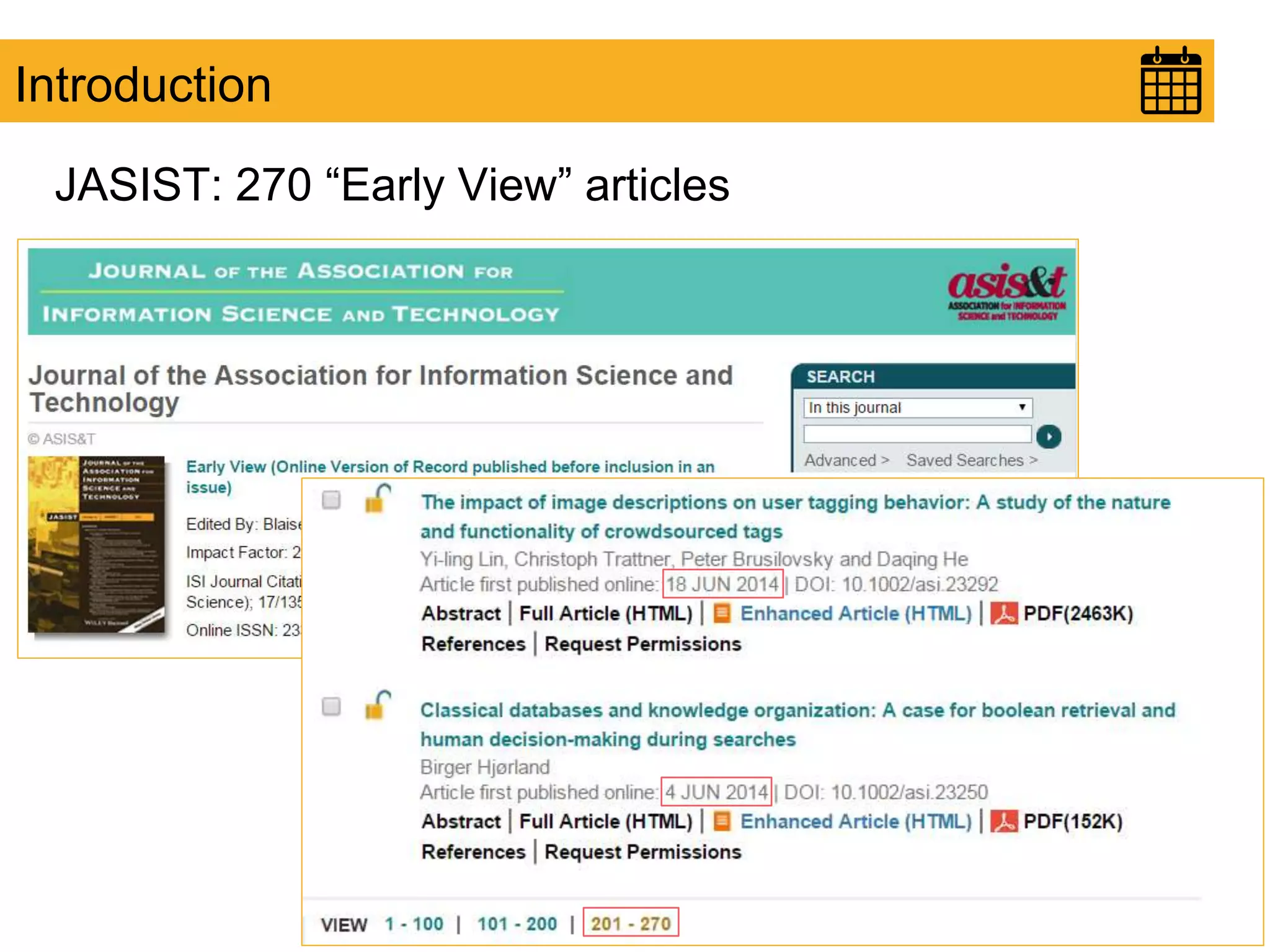 Introduction
JASIST: 270 “Early View” articles
 