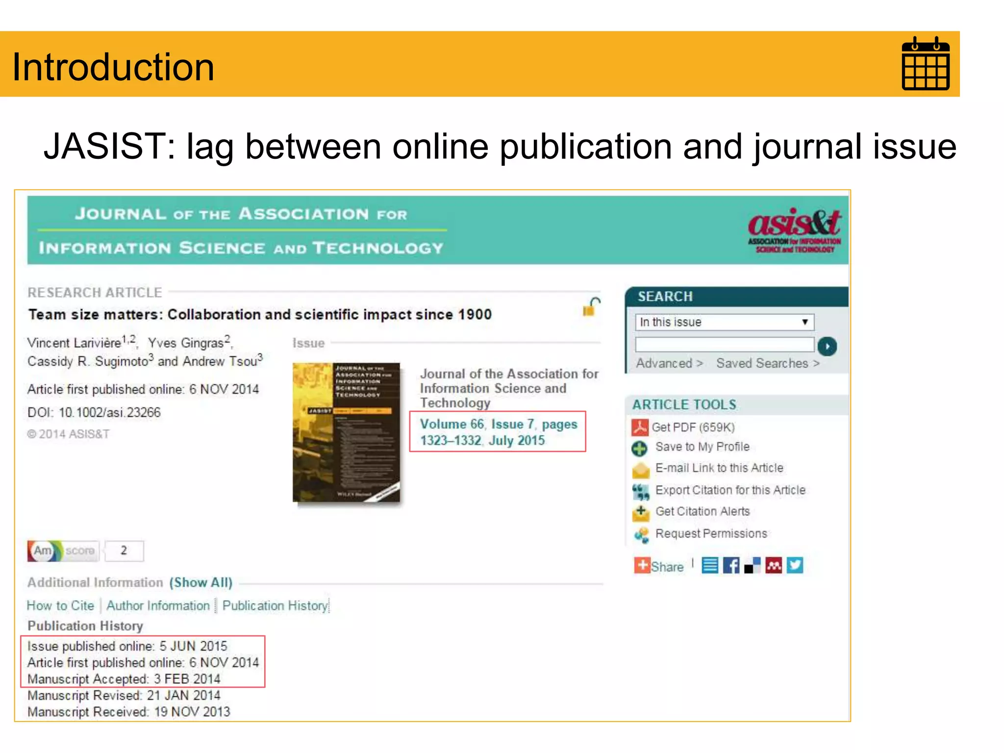 Introduction
JASIST: lag between online publication and journal issue
 