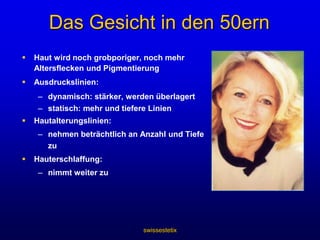 swissestetixDas Gesicht in den 20ernStrahlend und gesundKollagen- und Elastingewebe unterstützt die HautGesichtsausdruckslinien:nur dynamischstatisch: wenige oder gar keine, die in diesem Alter immer noch reversibel sindHautalterungslinien: erstes Auftreten unter den Augen