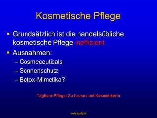swissestetixDas Gesicht in den 30ernKollagen- und Elastingewebe beginnt, sich abzubauen und wird geschwächtHautbeschaffenheit beginnt zu leidenAusdruckslinien:dynamisch: tieferstatisch: sichtbarer, immer noch teilweise reversibel Hautalterungslinien:nehmen an Anzahl und Tiefe zu Hauterschlaffung:normalerweise im unteren Gesichtsbereich ab Mitte bis Ende der 30er Jahre
