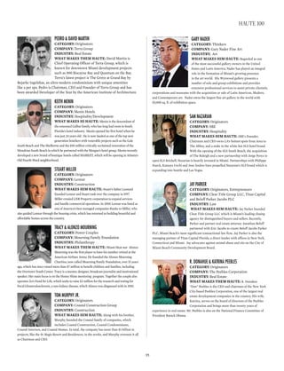pedro & dAvid MArtin
CATEGORY: Originators
COmpAnY: Terra Group
InDUSTRY: Real Estate
WhAT mAkES ThEm hAUTE: David Martin is
Chief Operating Officer of Terra Group, which is
known for downtown Miami development projects
such as 900 Biscayne Bay and Quantum on the Bay.
Terra’s latest project is The Grove at Grand Bay by
Bejarke Ingelshas, an ultra-modern condominium with unique amenities
like a pet spa. Pedro is Chairman, CEO and Founder of Terra Group and has
been awarded Developer of the Year by the American Institute of Architecture.
keith Menin
CATEGORY: Originators
COmpAnY: Menin Hotels
InDUSTRY: Hospitality/Development
WhAT mAkES hI hAUTE: Menin is the descendant of
the esteemed Galbut family, who has long had roots in South
Florida’s hotel industry. Menin opened his first hotel when he
was just 24 years old. He is now lauded as one of the top new
generation hoteliers with venerable projects such as the Gale
South Beach and The Shelborne and the $50 million critically-acclaimed renovation of the
Mondrian South Beach in which he partnered with the Morgan’s hotel group. Menin recently
developed a new brand of boutique hotels called MARKET, which will be opening in Atlanta’s
Old Fourth Ward neighborhood.
stuArt Miller
CATEGORY: Originators
COmpAnY: Lennar
InDUSTRY: Construction
WhAT mAkES hIm hAUTE: Stuart’s father Leonard
founded Lennar and Stuart took over the company in 1997.
Miller created LNR Property corporation to expand services
and handle commercial operations. In 2006 Lennar was listed as
one of America’s best managed companies thanks to Miller, who
also guided Lennar through the housing crisis, which has returned to building beautiful and
affordable homes across the country.
trAcy & Alonzo Mourning
CATEGORY: Power Couples
COmpAnY: Mourning Family Foundation
InDUSTRY: Philanthropy
WhAT mAkES ThEm hAUTE: Miami Heat star Alonzo
Mourning was the first player to have his number retired at the
American Airlines Arena. He founded the Alonzo Mourning
Charities, now called Mourning Family Foundation, over 15 years
ago, which has since raised more than $7 million to benefit children and families, including
the Overtown Youth Center. Tracy is a mentor, designer, broadcast journalist and motivational
speaker. Her main focus is on the Honey Shine mentoring program. Together the couple also
operates Zo’s Fund for Life, which seeks to raise $2 million for the research and testing for
Focal Glomerulosclerosis, a rare kidney disease, which Alonzo was diagnosed with in 2001.
toM Murphy Jr.
CATEGORY: Originators
COmpAnY: Coastal Construction Group
InDUSTRY: Construction
WhAT mAkES hIm hAUTE: Along with his brother,
Murphy founded the Coastal family of companies, which
includes Coastal Construction, Coastal Condominiums,
Coastal Interiors, and Coastal Homes. In total, the company has more than $1 billion in
projects, like the St. Regis Resort and Residences, in the works, and Murphy oversees it all
as Chairman and CEO.
gAry nAder
CATEGORY: Thinkers
COmpAnY: Gary Nader Fine Art
InDUSTRY: Art
WhAT mAkES hIm hAUTE: Regarded as one
of the most successful gallery owners in the United
States and Latin America, Nader has played an integral
role in the formation of Miami’s growing presence
in the art world. His Wynwood gallery presents a
number of solo and group exhibitions and provides
extensive professional services to assist private clientele,
corporations and museums with the acquisition or sale of Latin American, Modern,
and Contemporary art. Nadar owns the largest fine art gallery in the world with
55,000 sq. ft. of exhibition space.
sAM nAzAriAn
CATEGORY: Originators
COmpAnY: SBE
InDUSTRY: Hospitality
WhAT mAkES hIm hAUTE: SBE’s Founder,
Chairman and CEO owns LA’s hottest spots from Area to
The Abbey, and a stake in the white hot SLS hotel brand.
With the opening of the SLS South Beach, the acquisition
of The Raleigh and a new partnership with Jorge Perez to
open SLS Brickell, Nazarian is heavily invested in Miami. Partnerships with Philippe
Starck, Katsuya Uechi and Jose Andres have propelled Nazarian’s SLS brand which is
expanding into Seattle and Las Vegas.
JAy pArker
CATEGORY: Originators, Entrepreneurs
COmpAnY: Clear Title Group LLC, Titan Capital
and Beloff Parker Jacobs PLC
InDUSTRY: Law
WhAT mAkES hIm hAUTE: Jay Parker founded
Clear Title Group LLC which is Miami’s leading closing
agency for distinguished buyers and sellers. Recently,
Parker and partner real estate attorney Jonathan Beloff
partnered with Eric Jacobs to create Beloff Jacobs Parker
PLC, Miami Beach’s most significant transactional law firm. Jay Parker is also the
managing partner of Titan Capital Florida, a direct lender with offices in New York,
Connecticut and Miami. Jay advocates against animal abuse and sits on the City of
Miami Beach Community Development Board.
r. donAhue & kAtrinA peeBles
CATEGORY: Originators
COmpAnY: The Peebles Corporation
InDUSTRY: Real Estate
WhAT mAkES ThEm hAUTE: R. Donahue
“Don” Peebles is the CEO and chairman of the New York
City-based Peebles Corporation, one of the largest real
estate development companies in the country. His wife,
Katrina, serves on the board of directors of the Peebles
Corporation and brings more than twenty years of
experience in real estate. Mr. Peebles is also on the National Finance Committee of
President Barack Obama.
95
haute 100
 