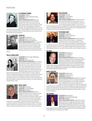 philip goldfArB
CATEGORY: Thinkers
COmpAnY: Fontainebleau
InDUSTRY: Hospitality
WhAT mAkES hIm hAUTE: As President and CEO
of Fontainebleau, Goldfarb has taken the iconic resort to
the next level with creative ideas like BleauLive, the resort’s
one-of-a-kind entertainment platform. 7 Years as COO of
Turnberry Associates and 13 years as Doubletree’s GM and director of operations prepared
him to run the ultimate Miami Beach hotel property. He has won FIU’s Hospitality School
“Torchbearer Award” and the prestigious FIU Medallion.
the goldMAn fAMily
CATEGORY: Originators
COmpAnY: Goldman Properties
InDUSTRY: Real Estate
WhAT mAkES ThEm hAUTE: Goldman Properties,
founded by visionary Tony Goldman, is responsible for
transforming Soho in New York, Miami Beach’s Art Deco
District and now Wynwood in Miami from depressed locations
into the hottest real estate in the country. Following Tony’s passing in 2012, the family is
carrying on the business of innovative development. Daughter Jessica has taken the role of
CEO and partner, brother Joey is a partner and mother Janet is now Chairman and partner.
ken gorin
CATEGORY: Entrepreneurs
COmpAnY: The Collection
InDUSTRY: Automobile
WhAT mAkES hIm hAUTE: Gorin,co-ownerand
presidentofTheCollectioninMiami,isknownasoneofthemost
respectedluxuryautomobileexecutives.Underhisdirection,
TheCollectionhasbecomeoneofthemostdistinguishedluxury
dealershipsinthecountry.GorinisontheChairman’scommittee
ofMake-A-WishFoundation,andthroughTheCollection,GorinsponsorstheJuniorLeague
ofGreaterMiami,theMultipleSclerosisSociety,theUniversityofMiami,AmigosforKids,The
HumaneSociety,BigBrothersBigSistersandmore.
MAnuel grosskopf
CATEGORY: Entrepreneur
COmpAnY: Chateau Group
InDUSTRY: Real Estate
WhAT mAkES hIm hAUTE: Originally from Argentina,
Manuel Grosskopf is the head of U.S operations for Chateau
Group. He has helped finance two major Miami condominium
towers alongside Miami Terra Group - 900 Biscayne and
Quantum on the Bay. In December 2012, Château Group launched
an oceanfront luxury condominium, The Chateau Beach Residences in Sunny Isles, which is the
company’s first major solo U.S. construction project, as well as the $50 million purchase of the
Best Western Hotel in Surfside, which will be redeveloped into the Chateau Ocean, a 12-story,
85-unit condominium.
dAve grutMAn
CATEGORY: Entrepreneurs
COmpAnY: Miami Marketing Group
InDUSTRY: Nightlife
WhAT mAkES hIm hAUTE: Armed with an enviable
Rolodex and a knack for wrangling the right crowd, he opened
Miami Marketing Group (MMG) with partners Brian Gordon
and Ryan Schinman. MMG deals with full-service, experiential
marketing platforms for everything from red carpet events to the
hottest nightclubs around. In addition to the always-packed LIV at the Fontainebleau, MMG
recently added Story in a famed venu south of Fifth.
ellA fontAnAls-cisneros
CATEGORY: Thinkers
COmpAnY: Cisneros Fontanals Group
InDUSTRY: Art
WhAT mAkES hER hAUTE: She began
collecting Latin American art in the 1970s and
founded CFAF in 2002 with the goal of fostering,
understanding and appreciating contemporary artists
from Latin America through grants, commissions,
exhibitions and bilingual publications. She is a trustee
of the Tate Americas Foundation, Cintas Foundation, the United States Artists and
the International Women’s Forum. She also dedicates her time to being an active
humanitarian and environmentalist.
nelson fox
CATEGORY: Entrepreneur
COmpAnY: Koniver Stern Group
InDUSTRY: Real Estate/Hospitality
WhAT mAkES hIm hAUTE: As a commercial
real estate broker, Nelson Fox has pioneered the
ever-growing culinary reputation of South of Fifth
on Miami Beach. Fox has been working alongside
Lyle Stern of Koniver Stern Group for some 15 years,
developing some of the most successful properties in
the city.
phillip & pAtriciA frost
CATEGORY: Power Couples, Billioniares
COmpAnY: Teva
InDUSTRY: Pharmaceuticals
WhAT mAkES ThEm hAUTE: Frost sold his
pharmaceutical company for $7.6 billion to Teva in
2005, where he now sits as Chairman. He also owns
a 45% stake in Opko Health. Patricia served as chair
of the Smithsonian National Board. The couple is a
huge supporter of the arts, evidenced by their record-
breaking $33 million donation to the University of
Miami that led to finance the Frost School of Music. The couple’s additional
donation to Florida International University resulted in a renaming of the school’s
art museum, The Patricia & Phillip Frost Art Museum. Adding to their list of
eponymous museums is the new Miami Science Museum, which was dubbed the
Patricia and Phillip Frost Museum of Science, thanks to a $35 million donation by
the philanthropic couple.
russell gAlBut
CATEGORY: Originators
COmpAnY: Crescent Heights
InDUSTRY: Real Estate
WhAT mAkES hIm hAUTE: Acting as
Managing Principal of Crescent Heights, a company
heralded as the leader in high-rise residential
construction and hotel development, Galbut has real
estate in his blood. He comes from a Miami Beach
family who, at one point, was the largest landowner
on the beach. Crescent Heights is amongst the nation’s largest residential
condominium companies with properties across Miami, Chicago, New York, Los
Angeles, San Francisco and many other cities. Currently, they have over a billion
dollars in ground-up construction projects, all in various stages of development.
92
haute 100
 