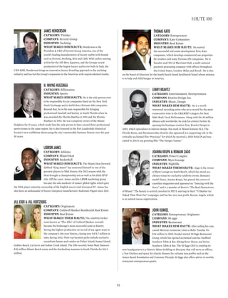 JAMes henderson
CATEGORY: Thinker
COmpAnY: Ferretti Group
InDUSTRY: Yachting
WhAT mAkES hIm hAUTE: Henderson is the
President & CEO of Ferretti Group America, one of the
world’s leading manufacturers of luxury yachts with brands
such as Ferretti, Pershing, Riva and CRN. With yachts starting
at $1m for the 33ft Riva Aquariva, and the Groups recent
production of the largest luxury yacht ever built in Italy, the
CRN 80M, Henderson brings an innovative luxury branding approach to the yachting
industry and has led the Group’s expansion in the Americas with unprecedented results.
h. wAyne huizengA
CATEGORY: Billionaires
InDUSTRY: Sports
WhAT mAkES hIm hAUTE: He is the only person ever
to be responsible for six companies listed on the New York
Stock Exchange and to build three Fortune 500 companies.
Beyond that, he is the man responsible for bringing
professional baseball and hockey to South Florida when he
was awarded the Florida Marlins in 1991 and the Florida
Panthers in 1992. He was a majority owner of the Miami
Dolphins for 15 years, which made him the only person to have owned three professional
sports teams in the same region. He is also featured in the Fort Lauderdale Historical
Society’s new exhibition showcasing the city’s memorable business history over the past
50 years.
leBron JAMes
CATEGORY: Athletes
COmpAnY: Miami Heat
InDUSTRY: Basketball
WhAT mAkES hIm hAUTE: The Miami Heat forward,
dubbed “King James” has cemented himself as one of the
greatest players in NBA history. His 2012 season with the
Heat brought a championship win as well as his third MVP
title. Off the court, James and his LRMR marketing group
became the sole marketer of James’ global rights which gave
the NBA player minority ownership of the English soccer club Liverpool FC. James has
also been an ambassador of luxury timepiece manufacturer Audemars Piguet since 2011.
Jill eBer & Jill hertzBerg
CATEGORY: Originators
COmpAnY: Coldwell Banker Residential Real Estate
InDUSTRY: Real Estate
WhAT mAkES ThEm hAUTE: The celebrity broker
team known as “The Jills,” of Coldwell Banker, recently
became the brokerage’s most successful team in history,
having the highest production on record of any agent team in
the company’s 106-year history, closing over $474.7 million in
sales during 2012. Their top location picks include exclusive
oceanfront homes and condos on Fisher Island, Sunset Island,
Golden Beach, La Gorce and Indian Creek Island. The Jills recently listed Matt Damon’s
$20 million Miami Beach estate and the Kardashian mansion in South Florida for $14.5
million.
thoMAs kAto
CATEGORY: Entrepreneur
COmpAnY: Kato Companies
InDUSTRY: Real Estate
WhAT mAkES hIm hAUTE: He started
the successful real estate development firm, Kato
companies, which develops commercial use properties
for retailers and many Fortune 100 companies. He is
founder and CEO of Merchant Hub, a multi national
payment processing company with offices throughout
the United States, London, Milan and Brazil. He is also
on the board of directors for the South Beach-based healthstyle brand whose mission
is to help end child hunger in America.
lenny krAvitz
CATEGORY: Entertainment, Entrepreneurs
COmpAnY: Kravitz Design Inc.
InDUSTRY: Music, Design
WhAT mAkES hIm hAUTE: He is a world
renowned recording artist who set a record for the most
consecutive wins in the GRAMMY category for Best
Male Rock Vocal Performance. Along with his 38 million
albums sold worldwide, he took his artistry further by
opening his boutique creative firm, Kravitz Design in
2003, which specializes in interior design. His work in Miami features SLS, The
Florida Room, and Paramount Bay. Kravitz also appeared in a supporting role in the
critically-acclaimed film “Precious,” for which he received a 2010 NAACP and was
casted in 2012’s top grossing film “The Hunger Games.”
JoAnnA krupA & roMAin zAgo
CATEGORY: Power Couples
COmpAnY: Mynt Lounge
InDUSTRY: Nightlife
WhAT mAkES ThEm hAUTE: Zago is the owner
of Mynt Lounge on South Beach, which has stood as a
chosen venue for exclusive celebrity events. Romain’s
model fiance, Joanna Krupa, has graced the covers of
countless magazines and appeared on “Dancing with the
Stars,” and is a member of Bravo’s “The Real Housewives
of Miami.” The beauty is actively involved in PETA starring in their “I’d Rather Go
Naked Than Wear Fur” campaign, and has her own non profit, Rescue Angels, which
is an animal rescue organization.
John kunkel
CATEGORY: Entrepreneur, Originator
COmpAnY: 50 eggs
InDUSTRY: Restaurant
WhAT mAkES hIm hAUTE: After selling his cute,
causal Mexican restaurant Lime to Ruby Tuseday for
$24 million in 2010, Kunkel started 50 Eggs Restaurant
Group, which has opened acclaimed eateries Yardbird
Southern Table & Bar, Khong River House and Swine
Southern Table & Bar. The 50 Eggs CEO is creating its
new headquarters in a historic Mimo building on Biscayne that will serve as offices,
a Test Kitchen and space for charity dinners for culinary non profits such as the
James Beard Foundation and Common Threads. 50 Eggs also offers advice to newbie
restaurant entrepreneurs gratis.
93
haute 100
 