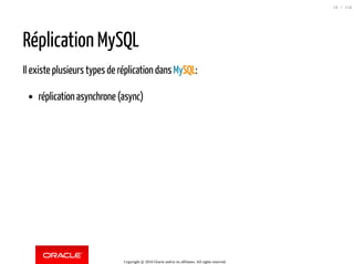 Réplication MySQL
Il existe plusieurs types de réplication dans MySQL:
réplication asynchrone (async)
Copyright @ 2016 Ora...