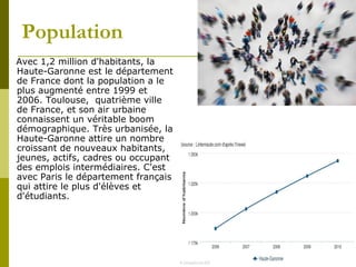 Population
Avec 1,2 million d'habitants, la
Haute-Garonne est le département
de France dont la population a le
plus augmenté entre 1999 et
2006. Toulouse, quatrième ville
de France, et son air urbaine
connaissent un véritable boom
démographique. Très urbanisée, la
Haute-Garonne attire un nombre
croissant de nouveaux habitants,
jeunes, actifs, cadres ou occupant
des emplois intermédiaires. C'est
avec Paris le département français
qui attire le plus d'élèves et
d'étudiants.

 