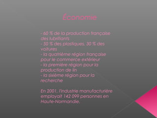 Économie
- 60 % de la production française
des lubrifiants
- 50 % des plastiques, 30 % des
voitures
- la quatrième région française
pour le commerce extérieur
- la première région pour la
production de lin
- la sixième région pour la
recherche
En 2001, l'industrie manufacturière
employait 142 099 personnes en
Haute-Normandie.
 