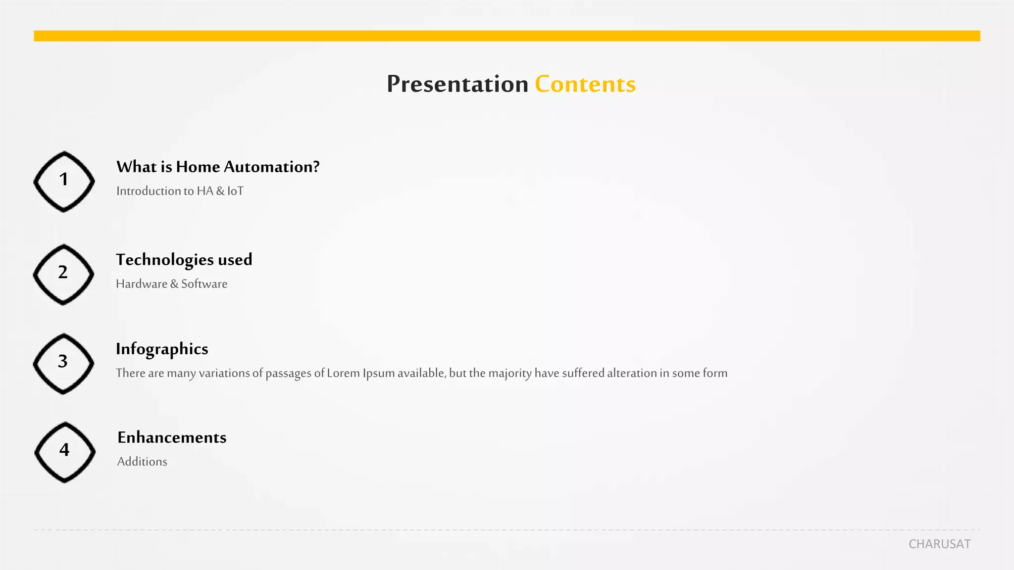PresentationContents
1
What is HomeAutomation?
Introductionto HA & IoT
2
Technologies used
Hardware& Software
3
Infographics
Therearemany variationsof passagesofLorem Ipsumavailable,but themajorityhave sufferedalterationin someform
4
Enhancements
Additions
CHARUSAT
 