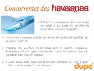 Concorrentes das
                             A Dupé é uma marca brasileira que surgiu
                              em 1969, e faz parte do portfólio de
                              produtos da empresa Alpagartas;

 Hoje ocupa a segunda posição no ranking de vendas de sandálias de
  borracha no Brasil;

 Trabalha com coleções segmentadas para os públicos masculino,
  femininos e infantil, cujos modelos são comercializados no Brasil e
  exportado para mais de 50 países;

 A Dupé possui uma exclussiva tecnologia chamada Gel HXP, a qual
  confere maciez, conforto e durabilidade.
 