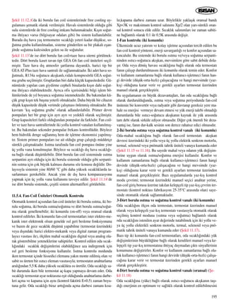ﬁekil 11.12.A’da iki borulu fan coil sistemlerinde free cooling uy-
gulamas› ﬂematik olarak verilmiﬂtir. Haval› sistemlerde oldu¤u gibi
sulu sistemlerde de free cooling imkan› bulunmaktad›r. K›ﬂ›n so¤ut-
ma ihtiyac› varsa (bilgisayar odalar› gibi) bu sistem kullan›labilir.
Burada d›ﬂ hava yaﬂ termometre s›cakl›¤› yeteri kadar düﬂükse, so-
¤utma grubu kullan›lmadan, sisteme gönderilen su bir plakal› eﬂan-
jörde so¤utma kulesinden gelen su ile so¤utulur.
ﬁekil 11.13’de ise dört borulu fan coil+taze hava sitemi görülmek-
tedir. Dört borulu kaset tavan tipi GEA G6 fan coil üniteleri seçil-
miﬂtir. Taze hava d›ﬂ atmosfer ﬂartlar›na dayan›kl›, harici tip bir
GEAAT-Plus taze hava santrali ile sa¤lanmaktad›r. ‹ki adet hava so-
¤utmal›, R134a so¤utucu ak›ﬂkanl›,vidal› kompresörlü GEA so¤ut-
ma grubu seçilmiﬂtir. Gruplardan biri daha küçük kapasitededir. Gü-
nümüzde yap›lan cam giydirme cepheli binalarda k›ﬂ›n dahi so¤ut-
ma ihtiyac› olabilmektedir. Ayr›ca ofis içerisindeki bilgi iﬂlem bö-
lümlerinde de y›l boyunca so¤utma istenmektedir. Bu bak›mdan kü-
çük grup k›ﬂ›n tek baﬂ›na yeterli olmaktad›r. Daha büyük bir cihaz›n
düﬂük kapasitede düﬂük verimde çal›ﬂmas› önlenmiﬂ olmaktad›r. Bu
kavram ‘k›ﬂ so¤utma grubu’ olarak adland›r›labilir. Primer devre
pompalar› her bir grup için ayr› ayr› ve yedekli olarak seçilmiﬂtir.
Grup kapasiteleri farkl› oldu¤undan pompalar da farkl›d›r. Fan coil-
ler ve taze hava santrallerinde iki yollu kontrol vanalar› kullan›lm›ﬂ-
t›r. Bu bak›mdan sekonder pompalar frekans kontrollüdür. Böylece
hem hidrolik denge sa¤lanm›ﬂ hem de iﬂletme ekonomisi yap›lm›ﬂ-
t›r. Sistem primer pompalar› ise ait oldu¤u grup çal›ﬂt›¤› müddetçe
sürekli çal›ﬂmaktad›r. Is›tma taraf›nda fan coil pompas› önüne yine
üç yollu vana konulmuﬂtur. Böylece su s›cakl›¤› d›ﬂ hava s›cakl›¤›-
na ba¤l› olarak düﬂürülebilir. Dört borulu fan coil sisteminde ›s›tma
serpantini ayr› oldu¤u için iki borulu sistemde oldu¤u gibi serpanti-
nin ›s›tma için çok büyük kalmas› durumu söz konusu de¤ildir. Do-
lay›s›yla sistemin yine 80/60 °C gibi daha yüksek s›cakl›klarda ta-
sarlanmas› gerekebilir. Ancak yine de d›ﬂ hava kompanzasyonu
yapmak için üç yollu vana kullan›m› tavsiye edilir. ﬁekil 11.14‘de
ise dört borulu sistemde, çeﬂitli sistem alternatifleri görülebilir.
11.5.4. Fan-Coil Üniteleri Otomatik Kontrolu
Otomatik kontrol aç›s›ndan fan-coil üniteler iki borulu ›s›tma, iki bo-
rulu so¤utma, iki borulu ›s›tma/so¤utma ve dört borulu ›s›tma/so¤ut-
ma olarak genellenebilir; iki konumlu (on-off) veya oransal olarak
kontrol edilirler. ‹ki konumlu fan-coil termostatlar› ister elektro-me-
kanik ister elektronik olsun genelde ›s›l geri besleme fonksiyonuna
ve bazen de gece s›cakl›k düﬂümü yapabilme (termostat üzerindeki
veya d›ﬂ›ndaki harici elektro-mekanik veya digital zaman program-
lay›c› vas›tas› ile), ölçülen mahal s›cakl›¤›n› digital veya analog ola-
rak gösterebilme yeteneklerine sahiptirler. Kontrol edilen oda s›cak-
l›¤›ndaki s›cakl›k de¤iﬂimlerini olabildi¤ince aza indirgemek için
›s›l geri besleme fonksiyonu kullan›l›r. Is›tma kontrolu modunda
iken termostat içinde hissedici elemana yak›n monte edilmiﬂ olan ve
sabit ›s› üreten bir ›s›t›c› eleman vas›tas›yla; termostat›n anahtarlama
aral›¤›ndan 5,5 K daha yüksek s›cakl›kta ›s› üretilir. Oda s›cakl›¤› sa-
bit durumda iken bile termostat aç-kapa yapmaya devam eder. Oda
s›cakl›¤› termostat ayar noktas›na eﬂit oldu¤unda anahtarlama darbe-
leri açma ve kapama için ayn› (kontrol faktörü E=0.5) zaman boyu-
tuna gelir. Oda s›cakl›¤› biraz artt›¤›nda açma darbesi zaman› k›sa-
l›r,kapama darbesi zaman› uzar. Böylelikle yaklaﬂ›k oransal band›
Xp=3K ve maksimum kontrol sal›n›m› Xp/2 olan yar›-sürekli oran-
sal kontrol sonucu elde edilir. S›cakl›k sal›n›mlar› ise zaman sabiti-
ne ba¤lant›l› olarak 0.1 ile 0.5K aras›nda de¤iﬂir.
1-Fan kontrolu (iki konumlu)
Ülkemizde ucuz yat›r›m ve kolay iﬂletme aç›s›ndan tercih edilen bu
fan-coil kontrol yöntemi, enerji savurganl›¤› ve konfor aç›s›ndan sa-
k›ncal›d›r. Bu sistemde iki borulu ›s›tma ve/veya so¤utma serpanti-
ninden ›s›t›c›-so¤utucu ak›ﬂkan, mevsimlere göre sabit debide dola-
ﬂ›r. Oda veya dönüﬂ havas› s›cakl›¤›na ba¤l› olarak oda termostat›
fan›n çal›ﬂ›p durdurulmas›n› iki konumlu olarak temin eder. Konfor
ve kullan›m zamanlar›na ba¤l› olarak kullan›c›-iﬂletmeci fan›n han-
gi devirde (düﬂük-orta-h›zl›) çal›ﬂaca¤›na ve hangi mevsimde (yaz-
k›ﬂ) oldu¤una karar verir ve gerekli ayarlar› termostat üzerinden
manuel olarak gerçekleﬂtirir.
Bu uygulaman›n en büyük dezavantajlar›, fan oda s›cakl›¤›na ba¤l›
olarak durduruldu¤unda, ›s›tma veya so¤utma periyodunda fan-coil
ünitenin bir konvertör veya radyatör gibi davran›p gereksiz yere ma-
hale ›s› enerjisi vermeye devam etmesi ve yük enerji talebi olmad›¤›
durumlarda bile ›s›t›c›-so¤utucu ak›ﬂkan›n kaynak ile yük aras›nda
tam debi olarak sirküle ediyor olmas›d›r. Di¤er çok önemli bir deza-
vantaj ise, fan›n dur-kalk sesinin son derece rahats›z edici olmas›d›r.
2-‹ki borulu ›s›tma veya so¤utma kontrol vanal› (iki konumlu)
Oda-mahal s›cakl›¤›na ba¤l› olarak fan-coil termostat› ak›ﬂkan
devresi üzerindeki iki yollu veya üç yollu elektrik senkron motorlu,
termal, selenoid veya pnömatik tahrik üniteli vanaya kumanda eder
(ﬁekil 11.15 ve 11.16). Bu sayede mahal veya odan›n yük de¤iﬂim-
lerine uygun olarak ›s›tma/so¤utma enerjisi kullan›l›r. Konfor ve
kullan›m zamanlar›na ba¤l› olarak kullan›c›-iﬂletmeci fan›n hangi
devirde (düﬂük-orta-h›zl›) çal›ﬂaca¤›na ve hangi mevsimde (yaz-
k›ﬂ) oldu¤u›na karar verir ve gerekli ayarlar› termostat üzerinden
manuel olarak gerçekleﬂtirir. Baz› uygulamalarda yaz-k›ﬂ kontrol
modu çevrimi; termostat üzerindeki manuel seçici anahtar yerine,
fan-coil giriﬂ borusu üzerine tak›lan kelepçeli tip yaz-k›ﬂ çevrim ter-
mostat› (kontrol noktas› fabrikasyon 25-35°C aras›nda olan) saye-
sinde otomatik olarak sa¤lanmaktad›r.
3-Dört borulu ›s›tma ve so¤utma kontrol vanal› (iki konumlu)
Oda s›cakl›¤›n› ölçen oda termostat›, termostat üzerinden manuel
olarak veya kelepçeli yaz-k›ﬂ termostat› vas›tas›yla otomatik olarak
seçilmiﬂ kontrol moduna (›s›tma veya so¤utma) ba¤lant›l› olarak
oda s›cakl›¤›n› istenilen ayar de¤erinde tutabilmek için iki yollu ve-
ya üç yollu elektrikli senkron motorlu, termal, selenoid veya pnö-
matik tahrik üniteli vanaya kumanda eder (ﬁekil 11.17).
Baz› tip iki konumlu fan-coil termostatlar›, oda s›cakl›¤›ndaki yük
de¤iﬂimlerinin büyüklü¤üne ba¤l› olarak kendileri manuel veya ke-
lepçeli tip yaz-k›ﬂ termostat›na ihtiyaç duymadan ç›kt› sinyallerinin
konumunu de¤iﬂtirirler. Konfor ve kullan›m zamanlar›na ba¤l› ola-
rak kullan›c›-iﬂletmeci fan›n hangi devirde (düﬂük-orta-h›zl›) çal›ﬂa-
ca¤›na karar verir ve termostat üzerinden gerekli ayarlar› manuel
olarak gerçekleﬂtirir.
4-Dört borulu ›s›tma ve so¤utma kontrol vanal› (oransal) (ﬁe-
kil 11.18)
Oda s›cakl›¤›na (yüke) ba¤l› olarak ›s›t›c›-so¤utucu ak›ﬂkan›n taﬂ›-
d›¤› enerjinin en optimum ve sa¤l›kl› olarak kontrol edilebilmesini
195
 