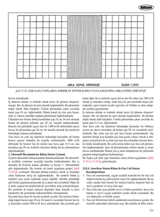 211
havas› at›lmaktad›r.
‹ç ünitenin alt›nda ve üstünde olmak üzere iki plenum oluﬂturul-
muﬂtur. Her iki plenum da içten akustik kaplamal›d›r. Bu plenumlar
do¤al olarak daha küçüktür. Üstteki plenumdan ç›kan yuvarlak
kanal çap› 45 cm. de¤erindedir. Dönüﬂ kanal› da yine ayn› boyut-
tad›r ve cihaz›n alt›ndaki toplama plenumuna ba¤lanmaktad›r.
Cihazlar›n her birinin dönüﬂ kanal›ndan çap 18 cm. bir kol al›narak
bunlar bir plenum ﬂeklinde çap 28 cm. kanalla toplanmaktad›r.
Booster fan ﬂeklindeki egzoz fan› ile 1500 m3/h debisindeki egzoz
havas› bu plenumdan çap 28 cm. bir kanalla al›narak d›ﬂ ünitelerin
bulundu¤u mekana at›lmaktad›r.
Taze hava ise yine d›ﬂ ünitelerin bulundu¤u hacimden alt kottan
hemen pancur önünden bir kanalla emilmektedir. 3000 m3/h
debisinde bir booster fan ile emilen taze hava çap› 31,5 cm. ana
kanaldan çap 20 cm. kollarla cihazlar›n dönüﬂ havas› plenumlar›na
da¤›t›lmaktad›r.
3. Alternatif Havaland›rma Klima Sistem Çözümü
Üçüncü alternatifte dönüﬂ kanallar› bulunmamaktad›r. Bu alternatif-
te özellikle s›zd›rmaz yuvarlak kanallar kullan›lmal›d›r. Her iç
üniteden iki besleme kanal› ç›kmakta ve havay› 1. Alternatifteki
gibi da¤›tmaktad›r. Bu sisteme ait örnek uygulama projesi ﬁekil
11.32’de verilmiﬂtir. Havan›n dönüﬂü kanals›z olarak iç ortamdan
cihaz fanlar›n›n emiﬂi ile sa¤lanmaktad›r. Bu nedenle bütün iç
üniteleri ayn› yerde toplamak uygun de¤ildir. ﬁekilde görüldü¤ü
gibi örnek uygulama projesinde üç iç ünite eski yerindedir. Di¤er iki
iç ünite yap›n›n ön taraflar›nda iki ayr› bölme içine yerleﬂtirilmiﬂtir.
Bu çözümde de kanal maliyeti düﬂmekte buna karﬂ›l›k iç hava
hareketleri ilk çözümdeki mükemmellikte olmamaktad›r.
D›ﬂ ünite hava ak›ﬂ› bir önceki çözümle ayn›d›r. D›ﬂ ünitenin bulun-
du¤u kapal› hacme çap› 20 cm. bir kanal ve ucundaki booster fan ile
iç hacimden emilen 900 m3/h hava at›lmaktad›r. Bu çözümde geri
kalan di¤er iki iç ünitenin egzoz havas› her bir cihaz için 300 m3/h
olarak iç ortamdan emilip, ortak baca ile çat› üzerinden d›ﬂar› at›l-
maktad›r. egzoz kanal› tuvalet egzozlar› ile birlikte iç cihaz dolap-
lar› içinden geçmektedir.
‹ç ünitenin alt›nda ve üstünde olmak üzere iki plenum oluﬂturul-
muﬂtur. Her iki plenum da içten akustik kaplamal›d›r. Alt plenum
do¤al olarak daha küçüktür. Üstteki plenumdan ç›kan yuvarlak iki
kanal çap› 31,5 cm. de¤erindedir.
Taze hava yine d›ﬂ ünitelerin bulundu¤u hacimden iki bölmeyi
ay›ran ara duvar üzerinden alt kottan çap 20 cm. kanallarla emil-
mektedir. Her cihaz için bir taze hava kanal› gerekmektedir. D›ﬂ
ünitelere bitiﬂik k›sa kanallar için fana gerek yoktur. Ancak iç böl-
gelere yerleﬂtirilen iki iç ünite için taze hava kanallar› üzerine boos-
ter fanlar konulmal›d›r. Bu yolla temin edilen taze hava alt plenum-
lara ba¤lanmaktad›r. Ayn› alt plenumlardan serbest olarak iç ortam
havas› emilmektedir. Bunun için iç ünite dolaplar›n›n ön yüzlerinde
panjurlu dolap kapaklar› kullan›lm›ﬂt›r.
Bir baﬂka çok katl› yap› Amerikan sistem klima uygulamas› ﬁekil
11.33 ve 11.34’de gösterilmiﬂtir.
11.8.4. Amerikan Sistem Klima ile Fan Coil Sistem
Karﬂ›laﬂt›r›lmas›
1- Fan coil sistemlerinde, uygun s›cakl›k kontrolü her bir fan coil
önüne konulan üç yollu kontrol vanas› ile sa¤lanmaktad›r. Bu üç
yollu vanalar hem önemli bir maliyet kalemi oluﬂturur hem de
servis gerektirir ve ar›za riski taﬂ›r.
2- Fan coilin fan› ayn› ﬂekilde servis ve bak›m gerektirir. Ayr›ca bu
bak›m ve servis yaﬂam mahalleri içinde olmak zorundad›r. Bu
ise rahats›zl›k ve kirlilik yarat›r.
3- Fan coil filtrelerinin belirli aral›klarda temizlenmesi gerekir. Bu
temizlik yukar›daki sak›ncalar› taﬂ›r. Bu nedenle de filtre temiz-
ﬁekil 11.28. ÇOK KATLI YAPILARDAAMER‹KAN S‹STEM KL‹MA UYGULAMASI B‹NAARKA CEPHE GÖRÜNÜﬁÜ
 
