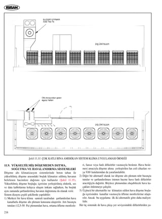 216
11.9. YÜKSELT‹LM‹ﬁ DÖﬁEMEDEN ISITMA,
SO⁄UTMA VE HAVALANDIRMA S‹STEMLER‹
Döﬂeme alt› klimatizasyon sistemlerinde beton taban ile
yükseltilmiﬂ döﬂeme aras›ndaki boﬂluk klimatize edilmiﬂ havan›n
belirlenen hacimlere da¤›t›m› için kullan›l›r (ﬁekil 11.35).
Yükseltilmiﬂ döﬂeme boﬂlu¤u; içerisine yerleﬂtirilmiﬂ elektrik, ses
ve data kablolar›na kolayca ulaﬂ›m imkan› sa¤larken, bu boﬂluk
ayn› zamanda ﬂartland›r›lm›ﬂ havan›n da¤›t›m›na da olanak verir.
Sistem dizayn› çeﬂitli ﬂekillerde yap›labilir:
1) Merkezi bir hava klima santrali taraf›ndan ﬂartland›r›lan hava
kanallarla döﬂeme alt› plenum kutusuna ulaﬂt›r›l›r. Art› bas›nçta
tutulan (12,5-50 Pa) plenumdan hava, ortama üfleme menfezle-
ri, fans›z veya fanl› difüzörler vas›tas›yla beslenir. Hava besle-
mesi amac›yla döﬂeme alt›na yerleﬂtirilen fan coil cihazlar› ve-
ya VAV kutular›ndan da yararlan›labilir.
2) Di¤er bir alternatif olarak ise döﬂeme alt› plenum nötr bas›nçta
tutulur ve ﬂartland›r›lmas› istenen hacme hava fanl› difüzörler
arac›l›¤›yla da¤›t›l›r. Böylece plenumdan oluﬂabilecek hava ka-
çaklar› önlenmeye çal›ﬂ›l›r.
3) Üçüncü bir alternatifte ise klimatize edilen hava döﬂeme boﬂlu-
¤u içerisinden kanallar vas›tas›yla üfleme menfezlerine ulaﬂt›-
r›l›r. Ancak bu uygulama ilk iki alternatife göre daha maliyet-
lidir.
Her üç sistemde de hava ç›k›ﬂ› yer seviyesindeki difüzörlerden ya-
ﬁekil 11.33. ÇOK KATLI B‹NAAMER‹KAN S‹STEM KL‹MA UYGULAMASI ÖRNE⁄‹
 