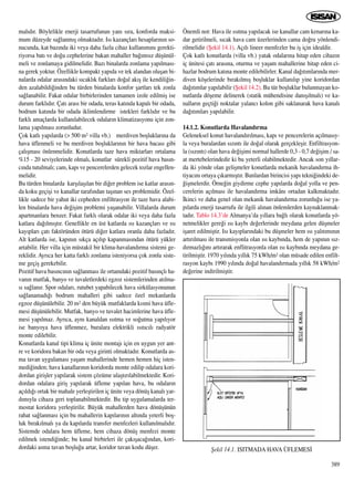 mal›d›r. Böylelikle enerji tasarrufunun yan› s›ra, konforda maksi-
mum düzeyde sa¤lanm›ﬂ olmaktad›r. Is› kazançlar› hesaplar›n›n so-
nucunda, kat baz›nda iki veya daha fazla cihaz kullan›m›n› gerekti-
riyorsa bat› ve do¤u cephelerine bakan mahaller ba¤›ms›z düﬂünül-
meli ve zonlamaya gidilmelidir. Baz› binalarda zonlama yap›lmas›-
na gerek yoktur. Özellikle kompakt yap›da ve tek alandan oluﬂan bi-
nalarda odalar aras›ndaki s›cakl›k farklar› do¤al ak›ﬂ ile kendili¤in-
den azalabildi¤inden bu türden binalarda konfor ﬂartlar› tek zonla
sa¤lanabilir. Fakat odalar birbirlerinden tamamen izole edilmiﬂ ise
durum farkl›d›r. Çat› aras› bir odada, teras kat›nda kapal› bir odada,
bodrum kat›nda bir odada iklimlendirme istekleri farkl›d›r ve bu
farkl› amaçlarda kullan›labilecek odalar›n klimatizasyonu için zon-
lama yap›lmas› zorunludur.
Çok katl› yap›larda (> 500 m2 villa vb.) merdiven boﬂluklar›na da
hava üflenmeli ve bu merdiven boﬂluklar›n›n bir hava bacas› gibi
çal›ﬂmas› önlenmelidir. Konutlarda taze hava miktarlar› ortalama
%15 - 20 seviyelerinde olmal›, konutlar sürekli pozitif hava bas›n-
c›nda tutulmal›; cam, kap› ve pencerelerden gelecek tozlar engellen-
melidir.
Bu türden binalarda karﬂ›laﬂ›lan bir di¤er problem ise katlar aras›n-
da koku geçiﬂi ve kanallar taraf›ndan taﬂ›nan ses problemidir. Özel-
likle sadece bir yahut iki cepheden enfiltrasyon ile taze hava alabi-
len binalarda hava de¤iﬂim problemi yaﬂanabilir. Villalarda durum
apartmanlara benzer. Fakat farkl› olarak odalar iki veya daha fazla
katlara da¤›lm›ﬂt›r. Genellikle en üst katlarda ›s› kazançlar› ve ›s›
kay›plar› çat› faktöründen ötürü di¤er katlara oranla daha fazlad›r.
Alt katlarda ise, kap›n›n s›kça aç›l›p kapanmas›ndan ötürü yükler
artabilir. Her villa için müstakil bir klima-havaland›rma sistemi ge-
reklidir. Ayr›ca her katta farkl› zonlama isteniyorsa çok zonlu siste-
me geçiﬂ gerekebilir.
Pozitif hava bas›nc›n›n sa¤lanmas› ile ortamdaki pozitif bas›nçl› ha-
van›n mutfak, banyo ve tuvaletlerdeki egzoz sistemlerinden at›lma-
s› sa¤lan›r. Spor odalar›, rutubet yapabilecek hava sirkülasyonunun
sa¤lanamad›¤› bodrum mahalleri gibi sadece özel mekanlarda
egzoz düﬂünülebilir. 20 m2 den büyük mutfaklarda k›smi hava üfle-
mesi düﬂünülebilir. Mutfak, banyo ve tuvalet hacimlerine hava üfle-
mesi yap›lmaz. Ayr›ca, ayn› kanaldan ›s›tma ve so¤utma yap›l›yor
ise banyoya hava üflenmez, buralara elektrikli ›s›t›c›l› radyatör
monte edilebilir.
Konutlarda kanal tipi klima iç ünite montaj› için en uygun yer ant-
re ve koridora bakan bir oda veya girinti olmaktad›r. Konutlarda as-
ma tavan uygulamas› yaﬂam mahallerinde hemen hemen hiç isten-
medi¤inden; hava kanallar›n›n koridorda monte edilip odalara kori-
dordan giriﬂler yap›larak sistem çözüme ulaﬂt›r›labilmektedir. Kori-
dordan odalara giriﬂ yap›larak üfleme yap›lan hava, bu odalar›n
aç›ld›¤› ortak bir mahale yerleﬂtirilen iç ünite veya dönüﬂ kanal› yar-
d›m›yla cihaza geri toplanabilmektedir. Bu tip uygulamalarda ter-
mostat koridora yerleﬂtirilir. Büyük mahallerden hava dönüﬂünün
rahat sa¤lanmas› için bu mahallerin kap›lar›n›n alt›nda yeterli boﬂ-
luk b›rak›lmal› ya da kap›larda transfer menfezleri kullan›lmal›d›r.
Sistemde odalara hem üfleme, hem cihaza dönüﬂ menfezi monte
edilmek istendi¤inde; bu kanal birbirleri ile çak›ﬂaca¤›ndan, kori-
dordaki asma tavan boﬂlu¤u artar, koridor tavan kodu düﬂer.
Önemli not: Hava ile ›s›tma yap›lacak ise kanallar cam kenar›na ka-
dar getirilmeli, s›cak hava cam üzerlerinden cama do¤ru yönlendi-
rilmelidir (ﬁekil 14.1). Aç›l› lineer menfezler bu iﬂ için idealdir.
Çok katl› konutlarda (villa vb.) yatak odalar›na hitap eden cihaz›n
iç ünitesi çat› aras›na, oturma ve yaﬂam mahallerine hitap eden ci-
hazlar bodrum kat›na monte edilebilirler. Kanal da¤›t›mlar›nda mer-
diven köﬂelerinde b›rak›lm›ﬂ boﬂluklar kullan›l›p yine koridordan
da¤›t›mlar yap›labilir (ﬁekil 14.2). Bu tür boﬂluklar bulunmayan ko-
nutlarda döﬂeme delinerek (statik mühendisine dan›ﬂ›lmal›) ve ka-
nallar›n geçti¤i noktalar yalanc› kolon gibi saklanarak hava kanal›
da¤›t›mlar› yap›labilir.
14.1.2. Konutlarda Havaland›rma
Geleneksel konut havaland›r›lmas›, kap› ve pencerelerin aç›lmas›y-
la veya buralardan s›z›nt› ile do¤al olarak gerçekleﬂir. Enfiltrasyon-
la (s›z›nt›) olan hava de¤iﬂimi normal hallerde 0,3 - 0,7 de¤iﬂim / sa-
at mertebelerindedir ki bu yeterli olabilmektedir. Ancak son y›llar-
da iki yönde olan geliﬂmeler konutlarda mekanik havaland›rma ih-
tiyac›n› ortaya ç›karm›ﬂt›r. Bunlardan birincisi yap› tekni¤indeki de-
¤iﬂmelerdir. Örne¤in giydirme cephe yap›larda do¤al yolla ve pen-
cerelerin aç›lmas› ile havaland›rma imkân› ortadan kalkmaktad›r.
‹kinci ve daha genel olan mekanik havaland›rma zorunlu¤u ise ya-
p›larda enerji tasarrufu ile ilgili al›nan önlemlerden kaynaklanmak-
tad›r. Tablo 14.3’de Almanya’da y›llara ba¤l› olarak konutlarda yö-
netmelikler gere¤i ›s› kayb› de¤erlerinde meydana gelen düﬂmeler
iﬂaret edilmiﬂtir. Is› kay›plar›ndaki bu düﬂmeler hem ›s› yal›t›m›n›n
art›r›lmas› ile transmisyonla olan ›s› kayb›nda, hem de yap›n›n s›z-
d›rmazl›¤›n› art›rarak enflitrasyonla olan ›s› kayb›nda meydana ge-
tirilmiﬂtir. 1970 y›l›nda y›ll›k 75 kWh/m2 olan müsade edilen enfilt-
rasyon kayb› 1990 y›l›nda do¤al havaland›rmada y›ll›k 58 kWh/m2
de¤erine indirilmiﬂtir.
389
ﬁekil 14.1. ISITMADA HAVA ÜFLEMES‹
 