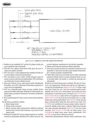 c- Kondens tavas› muhakkak FCU gövdesi ile yekpare olmal› yani
ayr›ca tak›labilen tipte olmamal›d›r.
d- Tüm FCU’nun so¤utma bataryalar›na denk gelen alt k›sm› ›s›
izolasyonu yap›lm›ﬂ olmal›d›r.
2. FCU’lar›n boru ve kanal ba¤lant›lar›nda muhakkak flexible bo-
ru, kanal ba¤lant› elemanlar› kullan›lmal›d›r.
3. FCU önü kanal›n iç k›sm› (fibser özelli¤i olmayan) uygun bir
akustik izolasyon malzemesiyle kaplanmal›d›r. (FCU performan-
s›n› etkilememesi kontrol edilmek ﬂart›yla)
4. ﬁayet ﬂaft yerleﬂimi ve/veya ﬂafta uygun meyille ulaﬂabilmekte
bir problem var ise FCU drenaj hatt› lavabo hatt›na uygun bir ak-
sesuar ilavesiyle ba¤lanabilir.
5. FCU’nun yerleﬂtirilmesinde drenaj tavas›n›n gardrop üzerine
gelmemesine dikkat edilmelidir. Herhangi bir taﬂma halinde aﬂa-
¤›daki müﬂteri giysilerinin lekelenmesi istenmeyen problemlere
yol açabilir
6. Baz› uygulamalarda FCU banyo asma tavan›n›n içine konulmak-
tad›r.
Bu durumda ﬂu problemler ç›kabilir;
a- Bak›m kapa¤› temini
b- Dönüﬂ menfezi yerleﬂimi
c- Bak›m esnas›nda banyo malzemelerine olabilecek muhtemel
hasarlar (küvet üzerine iskele konulmas› veya üzerine el aleti
düﬂmesi gibi)
7. Herhangi bir ﬂekilde FCU pencere önüne konulmuﬂ ise (özellikle
restorasyon projelerinde) perdelerin FCU üfleme havas›n›n oda
içerisine da¤›l›m›n› engellememesi için önlemler al›nmal›d›r.
8. Odan›n pozitif bas›nçta tutulmas›na dikkat edilmelidir.
9. Gerek egzoz gerekse de primer hava kanallar› üzerinde hava ayar
damperleri ve ﬂaft duvar› üzerinde yang›n damperi kullan›lmal›-
d›r ve bunlara kolayl›kla ulaﬂ›labilmelidir.
10. Tipik odalar ›slak hacim içi tesisatlar için bir ﬂablon ç›kart›larak
parçalar›n atölyede imalat› ve k›smen montaj›n›n (temiz su ve pis
su tesisatlar› dahil), iﬂin süratini ve verimini çok art›raca¤› unu-
tulmamal›d›r.
Burada iki otel örnek klima projesi verilmiﬂtir. Her ikisi de 2 boru-
lu fan coil uygulamas›d›r. Birinde duvar tipi fan coil, di¤erinde ta-
van tipi fan coil kullan›lm›ﬂt›r. ﬁekil 14.12.A, B, C’de birinci otelin
duvar tipi 2 borulu fan coil + taze hava uygulama projeleri görül-
mektedir. S›ra ile fan coil ve boru planlar›, ayn› yerlerin taze hava
kanal planlar› ve boru kolon ﬂemas› verilmiﬂtir. ﬁekil 14.13.A, B, C,
D, E, F, G, H ve K’da ise di¤er otel fan coil uygulamas› verilmiﬂtir.
ﬁekil 14.13.A ve B’de tavan tipi fan coil yerleﬂimi, hava ve su ba¤-
lant›lar› plan olarak görülmektedir. ﬁekil 14.13.C’de köﬂe oda plan
detay› verilmiﬂtir Köﬂe odada ilave duvar tipi fan coil vard›r. ﬁekil
14.13.D’de ise resirkülasyon havas›n›n giriﬂten emilme imkan› ol-
mayan bir odadaki çözüm detay› verilmiﬂtir. Dönüﬂ havas› kanalla
yine yatak odas›ndan al›nmaktad›r. ﬁekil 14.13.E taze hava kolon
ﬂemas›d›r. ﬁekil 14.13.F ve G’de fan coil kolon ﬂemas›, ﬁekil
14.13.H’da en alttaki kolon ﬂemas› detay› görülmektedir. ﬁekil
14.13.K ise tesisat dairesi fonksiyon ﬂemas›d›r.
Yüksek blok olarak planlanan otellerde, kuleleri yatak katlar› oluﬂ-
414
ﬁekil 14.11.L. 4 BORULU FAN COIL BA⁄LANTI DETAYI
 