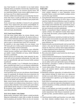 turur. Genel hacimler ve servis hacimleri ise esas olarak kulenin
ba¤land›¤› alttaki ana kütlededir. Sistemde dikey do¤rultuda bas›nç
zonlamas› gerekti¤inde, fan coil sisteminin dayan›m bas›nc› 100
mss olarak kabul edilebilir.Ancak sistemin sa¤l›kl› çal›ﬂmas› aç›s›n-
dan bas›nç zonu 50 mss de¤erini geçmemelidir.
Sistemde, özellikle temiz kullanma suyu tesisat›nda bak›r boru kul-
lan›m› ömür, hijyen ve iﬂçilik aç›s›ndan tavsiye edilir. Plastik boru-
lar da maliyet ve iﬂleme kolayl›¤› avantajlar›yla geniﬂ ölçüde kulla-
n›lmaktad›r.
S›cak su kazan› bacas› yüksekli¤i ve konumu bir çok uygulamada
kritiktir. Terasa so¤utma kulesi gibi cihazlar yerleﬂtirildi¤inde, ba-
cadan ç›kan duman ve kurumun bu cihazlar› etkilemesi ve korozyo-
na u¤rat›p kirletmesi söz konusudur. Bu nedenle baca çat›n›n üze-
rinde yeteri kadar yükseltilmelidir.
14.3.2. Genel (Sosyal) Hacimler
Lobi, balo salonu, toplant› odalar›, bar, restoran, diskotek, casino,
dükkanlar, sa¤l›k klübü gibi mekanlard›r. Bu alanlar›n kullan›ﬂ sa-
atleri ve süreleri birbirinden farkl›l›klar gösterir. Genel alanlar›n her
birine kendine ait cihaz kullan›lmas› en uygun çözümdür. Bu alan-
larda en uygun ve ekonomik klima sistemi VAV sistemleridir.
Bu alanlarda yer alan yang›n damperi, hava ayar damperi, varsa
VAV kutusu gibi servis verilmesi gerekli cihazlar için yeterli büyük-
lükte ulaﬂ›m kapaklar› mutlaka b›rak›lmal›d›r.
Restaurant ve mutfak ayr› ayr› havaland›r›l›p, egzoz edilmelidir.
Lokanta havas›n›n mutfaktan egzoz edilmesi hijyen aç›s›ndan uy-
gun de¤ildir. Lokanta bölümünde art› bas›nç, mutfak bölümünde
eksi bas›nç yarat›lmal›d›r.
Mutfak egzozlar› çat› üzerinden dikey olarak at›lmal›d›r. Bu amaç-
la dik at›ﬂl› özel çat› aspiratörleri kullan›lmal›d›r. Aksi halde yatay
at›ﬂl› çat› aspiratörlerinde ya¤l› egzoz havas›n›n kirlilik yaratmas›
kaç›n›lmazd›r.
Balo salonlar› genellikle 2 veya 3’e bölünebilir. Her bir bölüm ba-
¤›ms›z santrallara ba¤l› olmal› ve ayr› ayr› klimatize edilebilmelidir.
Fuayelerin de ayr› klimatize edilmesi uygundur. Balo salonu ve top-
lant› salonlar›n›n gerekti¤inde %100 d›ﬂ hava ile çal›ﬂmas›na uygun
bir tasar›m yap›lmal›d›r.
Genel hacimlerde asma tavan içini emiﬂ plenumu olarak kullanmak
yayg›n bir uygulamad›r. Bu durumda asma tavan mimarisinin izin
verdi¤i ölçüde dekoratif bir yar›k kullanmak ekonomiktir. Ayr›ca il-
gili mahallin asma tavan içini etraftaki di¤er mahallerle hava trans-
ferini kesecek ﬂekilde izole etmek gerekir.
Bütün sistemin akustik aç›dan kontrol edilmesi gerekir. Genel ha-
cimlerin mekanik tesisat odalar›na komﬂu olmamas›na ve yak›n ol-
mamas›na dikkat edilmelidir. Sistem akustik aç›dan analiz edilerek,
gerekli hallerde akustik izolasyon ve susturucular kullan›lmal›d›r.
Bu hacimlerden, baﬂka mahallere ait boru ve kanal geçirmemeye
azami dikkat edilmelidir.
14.3.3. Servis Alanlar› (Arka Alanlar)
Buralar mutfak, çamaﬂ›rhane, ofisler, depolar ve teknik hacimlerdir.
Müﬂterinin kullanmad›¤› bu alanlar daha az kritiktir. Bu alanlarda
lokal havaland›rma çok önemlidir. Ofisler yine fan coil sistemiyle
klimatize edilir.
Pratik notlar
1. Mutfak ve çamaﬂ›rhanede genel mahal egzozuna yönelik men-
fezleri mümkün oldu¤unca ›s› yayan ekipmanlar›n üzerine
koymal›d›r. Böylece yay›lan ›s›n›n mahallin s›cakl›¤›n› art›rma-
s›na bir nebze engel olmal›d›r.
2. Çamaﬂ›rhanelerde bulunan kurutucular›n egzozu kritik bir konu
olur. Çamaﬂ›rhane egzozundan ayr› bir devre olmas› ve kanal
malzemesi olarak aliminyum kullan›lmas› yayg›n bir uygulama-
d›r. Projelendirilmesi esnas›nda kurutucu üzerinde kendi fan›
olup olmad›¤› kontrol edilmelidir. Baz› uygulamalarda çamaﬂ›r-
haneye sadece havaland›rma amac›yla taze hava verilmekte ve
tüm egzoz kurutucular üzerinden yap›lmaktad›r.
3. Mutfak ve çamaﬂ›rhanede bölgesel so¤utmalar (spot cooling)
yapmak ve böylece hava da¤›l›m›n›n insanlar› rahats›z etmesi-
ne engel olmak (ütü masalar›, çal›ﬂma tezgahlar› gibi bölgeler-
de) tavsiye edilir.
4. Mutfak davlumbazlar›n›n seçiminde çevresinden taze hava bes-
lemesi yaparken orta k›sm›ndan emiﬂ yapan tipler tercih edilme-
lidir. Bu yöntemle mutfa¤a ›s› ve kokunun yay›lma riski mini-
muma indirilmiﬂ olur.
5. Mutfak davlumbaz egzozlar›nda kaynakl› siyah saç kanal kulla-
n›lmal› ve tüm yatay hat boyunca kanal üzerinde en uzun 2,5
metrede bir olmak üzere s›zd›rmaz bak›m kapa¤› kullan›lmal›-
d›r. Bak›m kapaklar›n›n hemen alt›nda asma tavanda b›rak›lma-
s› gereken bak›m kapaklar› unutulmamal›d›r.
6. Boya atelyesinde müstakil ex-proof motorlu fan› olan bir egzoz
sistemi tasarlanmal›d›r.
7. Teknik hacimlerin havaland›rmas›n›n o hacimde bulunan uygun
bir klima santral›n›n egzoz at›ﬂ kanal› üzerine konulan bir men-
fez vas›tas›yla yap›lmas› yayg›n bir uygulamad›r. Oluﬂan + ba-
s›nç d›ﬂ cepheye aç›lan egzoz a¤›zlar›ndan d›ﬂar›ya at›lmaktad›r
8. Kat hizmetleri, çamaﬂ›rhane ve mutfak ﬂef ofislerinin tümüyle
klimatize edilmesi gerekir.
9. Asansör makina odalar›, UPS odas›, telefon santral› odas›, ﬂarap
deposu gibi alanlarda münferit so¤utma sistemlerinin temin
edilmesi gereklidir.
10. Mutfaklarda kullan›lan so¤utuculara ait kondenserlerin bulun-
du¤u alanlarda (herhangi bir teknik hacim veya so¤utucunun
üzerinde tavan içinde olabilir) at›lan ›s›n›n al›nmas› ve ayn› za-
manda kondenserlerin so¤utulmas› için bu bölgenin havaland›-
r›lmas› gereklidir.
Çeﬂitli oteller bu konuda kapal› so¤utma kuleleri ile çözüm bul-
maktad›r.Ayr›ca paket tipi so¤utucular kullan›ld›¤›nda, bu sorun
mutfak havaland›rmas› ile birlikte çözülmelidir (hemen üstünde
egzoz menfezi gibi).
11. Is›tma ve s›cak kullanma suyu temini için genelde s›cak su ka-
zanlar› kullan›lmakla beraber, çamaﬂ›rhane ve baz› durumlarda
mutfak ekipmanlar›n›n buhar ihtiyac›n› karﬂ›lamak üzere ayr›
bir paket tipi buhar jeneratörü kullan›m› yayg›n bir uygulama-
d›r.
12. Teknik hacimlerde özellikle genel hacimlere veya yatak odala-
r›na bitiﬂik olanlarda muhakkak döﬂeme, duvar ve tavanda
427
 