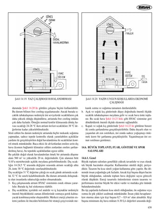439
durumda ﬁekil 14.20’de görülen çal›ﬂma biçimi kullan›labilir.
Bu durum bilinen free cooling uygulamas›d›r. Ancak burada s›-
cakl›k tabakalaﬂmas› nedeniyle üst seviyelerde s›cakl›klar›n çok
daha yüksek oldu¤u düﬂünülürse, atriumda free cooling imkân›
çok daha fazlad›r. Örne¤in normal konfor klimas›nda dönüﬂ ha-
vas› s›cakl›¤› 24-28 °C iken atrium üst kot s›cakl›klar› 38 °C de-
¤erlerine kadar yükselebilmektedir.
Sözü edilen bu durum nedeniyle atriumda hiçbir mekanik so¤utma
yapmadan, sadece tepede kontrollu olarak yarat›labilen aç›kl›klar
yard›m› ile gerçekleﬂtirilen do¤al havaland›rma ile s›cakl›klar› kont-
rol etmek mümkündür. Baca etkisi ile alt kotlardan emilen serin d›ﬂ
hava (k›smen ba¤lant›l› klimatize edilen zonlardan emilen ﬂartlan-
d›r›lm›ﬂ hava), bu tepedeki aç›kl›klardan egzoz edilir.
Bu ﬂekilde do¤al olarak havaland›r›lan örnek bir atriumda döﬂeme
alan› 560 m2 ve yükseklik 20 m. de¤erindedir. Çat› alan›n›n brüt
%10’u mertebesinde aç›kl›k meydana getirebilmektedir. D›ﬂ s›cak-
l›¤›n 14-24,5 °C aras›nda de¤iﬂimi s›ras›nda atrium s›cakl›¤› altta
26, üstte 30 °C de¤erinde s›n›rlanabilmektedir.
D›ﬂ s›cakl›¤›n 31 °C de¤erine ç›kt›¤› en s›cak günde atriumda s›cak-
l›k 32 °C ile s›n›rl› kalabilmektedir. Bu durum atriumda dolaﬂmak-
ta olan insanlarda rahats›zl›¤a neden olmamaktad›r.
3- K›ﬂ çal›ﬂmas›nda atrium HVAC sisteminin esnek olmas› yarar-
l›d›r. Burada üç hal sözkonusu olabilir.
a. D›ﬂ s›cakl›klar, içerideki ›s›l ataletle ve iç kaynaklar nedeniyle
önemli büyüklükteki zaman dilimlerinde ›s›tmaya gerek kalma-
yacak kombinasyonlar oluﬂturabilir. Merkezi enerji yönetim sis-
temi yard›m› ile önceden belirlenen bir strateji çerçevesinde me-
kanik ›s›tma ve so¤utma tamamen durdurulabilir.
b. Aç›k ve so¤uk k›ﬂ günlerinde düﬂey do¤rultuda önemli ölçüde
s›cakl›k tabakalaﬂmas› meydana gelir ve s›cak hava üstte topla-
n›r. Bu s›cak hava ﬁekil 14.21’deki gibi HVAC sistemine geri
döndürülerek önemli ölçüde ekonomi sa¤lanabilir.
c. Kapal› ve so¤uk k›ﬂ günlerinde ﬁekil 14.22’de görülene benzer
iki zonlu ﬂartland›rma gerçekleﬂtirilebilir. Daha duyarl› olan ve
yaﬂan›lan alt zon ›s›t›l›rken, üst zonda sadece yo¤uﬂmay› önle-
mek üzere bir ﬂartlanma gerçekleﬂtirilir. Yaﬂan›lmayan üst zo-
nun ›s›t›lmas› gerekmez.
14.6. BÜYÜK TOPLANTI, FUAR, GÖSTER‹ VE SPOR
SALONLARI
14.6.1. Genel
Büyük toplant› salonlar› genellikle yüksek tavanl›d›r ve esas olarak
tek büyük hacimden oluﬂurlar. Kullan›mlar› sürekli de¤il, periyo-
diktir. Tasar›m bu k›sa süreli yo¤un kullan›ma göre yap›l›r. Bu dö-
nemde insan yo¤unlu¤u çok fazlad›r.Ancak kiﬂi baﬂ›na düﬂen hacim
büyük oldu¤undan, salonda toplam hava de¤iﬂimi say›s› göreceli
olarak düﬂüktür. Enerji tasarrufu önlemlerinin sistem tasar›m› ve
performans› üzerine büyük bir etkisi vard›r ve mutlaka göz önünde
bulundurulmal›d›r.
Bu tip yap›larda kullan›m k›sa süreli oldu¤undan, ön so¤utma veya
›s›tma ile pik yükleri azaltmak mümkündür. ‹nsan yükü hesaplan›r-
ken oturma alan› için kiﬂi baﬂ›na 0,7 – 0,9 m2 alan al›nabilir. Kiﬂi
baﬂ›na minimum d›ﬂ hava miktar› 8-30 L/s de¤erleri aras›nda de¤i-
ﬁekil 14.19. YAZ ÇALIﬁMASI HAVALANDIRMASI ﬁekil 14.20. YAZIN UYGUN KOﬁULLARDA EKONOM‹
ÇALIﬁMASI
 