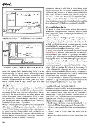 tadan, kürsü yönünde üflenir; oturulan yerlerin alt›ndan veya yan
duvarlardan emilir. Tüm sistemler ›s›tma ve so¤utma giderlerinden
tasarruf etmek için resirkülasyon sistemine sahip olmal›d›r. Yani
emilen hava belli oranlarda, taze hava ile kar›ﬂt›r›larak tekrar üfle-
nilmelidir. Salon kullan›lmadan önce sadece içerdeki hava sirküle
ettirilir. Kullan›mla birlikte bu havaya, dinleyici say›s› ve d›ﬂ hava
s›cakl›¤›na göre, taze hava kar›ﬂt›r›l›r.
14.7.3. ‹lkokullar
‹lkokullar genellikle daha basit ve küçük yap›lard›r. Genellikle bir
veya iki katla s›n›rl› kal›rlar. Genellikle ehliyetli bak›m personeli ol-
mad›¤›ndan cihazlar›n bak›m istemeyen ve iﬂletmesi kolay tipte ol-
mas› gerekir. Öte yandan ö¤rencilerin aç›kta olan ekipman› kötü
kullanaca¤› göz önüne al›narak elemanlar›n basit, sa¤lam ve korun-
muﬂ olmas›na dikkat edilmelidir. Örne¤in konvektör veya alümin-
yum radyatör yerine döküm radyatör kullan›lmal›d›r. Termostatik
kontrol vanalar› özel koruma kafal› olmal›d›r.
Okullarda koku ve a¤›r havan›n uygun bir havaland›rma ile kontrol
edilmesi çok önemlidir. Birçok hastal›¤›n solunan hava yoluyla ya-
y›lmas› iyi bir havaland›rma yap›larak önlenebilir veya azalt›labilir.
Bu aç›dan pencereler aç›lmadan mekanik yolla gerçekleﬂtirilecek
havaland›rma, e¤itimin kalitesi ve çocuklar›n sa¤l›¤› aç›s›ndan çok
önemlidir. Mekanik tesisat›n tasar›m›nda mutlaka okul idaresi ile is-
tiﬂare edilmeli ve sistem seçimi birlikte yap›lmal›d›r.
Havaland›rma miktarlar› ile ilgili olarak bu k›sm›n baﬂ›nda verilen
de¤erler geçerlidir (30 m3/h kiﬂi). Sistemin ana karakterlerinden biri
yüklerin çok de¤iﬂken olmas›d›r. Bu bak›mdan her hacmin ba¤›ms›z
olarak kontrol edilebildi¤i sistemler tercih edilmelidir. Büyük tek
fanl› merkezi sistemler yerine, benzer karakterli küçük bölgeleri bes-
leyen çok say›da ünitelerden oluﬂan bir sistem tercih edilmelidir.
Ayr›ca havaland›rma sistemi klima sistemi ile birleﬂtirilmiﬂ ise dönüﬂ
havas› kullanmayan %100 d›ﬂ haval› sistemler tercih edilmelidir.
14.7.4. Ana Okullar› ve Yuvalar
Ana okullar› ve yuvalar genellikle basit yap›lard›r. Burada kullan›-
lacak tesisat›n tehlike yaratmamas›, basit olmas› ve hijyenik olmas›
esast›r. Ana okullar›, yuvalar ve kreﬂlerde yerden (döﬂemeden) ›s›t-
ma tercih edilmelidir.
Böylece hem döﬂeme s›cak oldu¤unda genellikle yerde oynayan ve-
ya oturan çocuklar üﬂümeyecek, hem de ortada ›s›t›c› eleman olma-
d›¤›ndan çarpma vs. ile yaralanma ihtimali ortadan kalkacakt›r. Bu
yap›larda genellikle döﬂemeler hal› kapl› oldu¤undan, toz kontrolu
önemli bir faktördür. Ayr›ca yine solunum yolu ile hastal›klar›n ya-
y›lmamas› için mutlaka mekanik havaland›rma gerekir.
Bu amaçla gerçekleﬂtirilecek havaland›rmada filtre edilmiﬂ havan›n
ﬁekil 14.26’dakine benzer bir sistemle kanallarla s›n›flara da¤›t›l-
mas› düﬂünülebilir. Egzoz havas›n›n ise yap›da banyo, mutfak ve tu-
valetlerden egzoz vantilatörleri ile ve enflitrasyonla kendili¤inden
tahliyesi yeterli olabilir. Aksi halde gerekli egzoz aç›kl›klar› (s›n›f-
lar d›ﬂ›nda) yarat›lmal› veya koridorlardan hava toplayan bir egzoz
sistemi oluﬂturulmal›d›r.
Besleme santral› giriﬂinde en az›ndan EU 4 kalite bir filtre kullan›l-
mal›d›r. Asl›nda tavsiye edilen EU 3 kalite bir ön filtreden sonra EU
7 kalite torbal› bir filtre kullan›m›d›r. Ana okulu ve kreﬂ s›n›flar›n-
da kanall› konvansiyonel bir havaland›rma sistemi kurulmas› imkâ-
n› bulunam›yorsa, bu durumda s›n›flarda iç havay› temizleyen bir
hava temizleme cihaz› kullan›lmas› tavsiye edilir.
Bu cihazlarda ortam havas› elektro statik toz filtresinden, aktif kar-
bon filtreden ve ço¤u zaman havan›n dezenfeksiyonu için ozonlama
hücresinden geçirilerek temizlenir ve tekrar odaya verilir.
14.8. LOKANTALAR, CAFELER, BARLAR
Lokantalarda insanlar oturduklar› yerde masalar›nda hizmet al›rlar.
Yemek ise baﬂka bölümde haz›rlan›r. Mutfak bölümünde ›s› yükle-
ri, koku, duman ve gürültü yüksek düzeydedir. Bu bölümde hava-
land›rma ﬂartt›r. Kokunun d›ﬂar› s›zmamas› için mutfak negatif ba-
s›nçta tutulur. Ancak çal›ﬂanlar›n verimlili¤i aç›s›ndan klima düﬂü-
nülebilir. Lokanta bölümüne ise klima gereklidir.
Lokanta bölümünde aﬂa¤›daki karakteristik öne ç›kar;
a. Yemek kokusu, yo¤un insan ve sigara duman› nedeniyle bu bö-
lümde yeterli bir havaland›rma gereklidir. Bas›nç pozitiftir.
b. Is›l yükler çok de¤iﬂkendir. Gün içinde önemli farkl›l›klar olu-
ﬂur.
c. Is›l yükler fazlad›r ve gizli ›s› kazanc› (nem kazanc›) oran› be-
lirgindir.
d. Yo¤un saatlerde kap›lardan yüksek oranda enfiltrasyonla hava
girer.
448
ﬁekil 14.28. AﬁA⁄IDAN YUKARI DO⁄RU HAVALANDIRMA
ﬁekil 14.29. YUKARIDAN AﬁA⁄I DO⁄RU HAVALANDIRMA
 