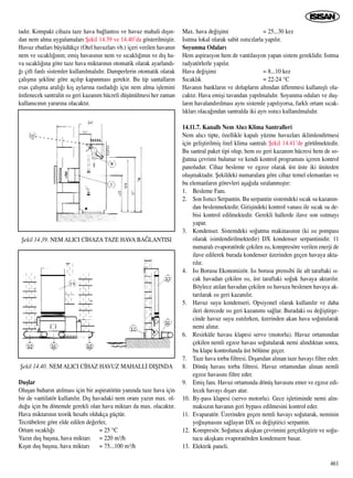 tad›r. Kompakt cihaza taze hava ba¤lant›s› ve havuz mahali d›ﬂ›n-
dan nem alma uygulamalar› ﬁekil 14.39 ve 14.40’da gösterilmiﬂtir.
Havuz ebatlar› büyüdükçe (Otel havuzlar› vb.) içeri verilen havan›n
nem ve s›cakl›¤›n›n; emiﬂ havas›n›n nem ve s›cakl›¤›n›n ve d›ﬂ ha-
va s›cakl›¤›na göre taze hava miktar›n›n otomatik olarak ayarland›-
¤› çift fanl› sistemler kullan›lmal›d›r. Damperlerin otomatik olarak
çal›ﬂma ﬂekline göre aç›l›p kapanmas› gerekir. Bu tip santallar›n
esas çal›ﬂma aral›¤› k›ﬂ aylar›na rastlad›¤› için nem alma iﬂlemini
üstlenecek santralin ›s› geri kazan›m hücreli düﬂünülmesi her zaman
kullan›c›n›n yarar›na olacakt›r.
Duﬂlar
Oluﬂan buhar›n at›lmas› için bir aspiratörün yan›nda taze hava için
bir de vantilatör kullan›l›r. D›ﬂ havadaki nem oran› yaz›n max. ol-
du¤u için bu dönemde gerekli olan hava miktar› da max. olacakt›r.
Hava miktar›n›n teorik hesab› oldukça güçtür.
Tecrübelere göre elde edilen de¤erler,
Ortam s›cakl›¤› = 25 °C
Yaz›n duﬂ baﬂ›na, hava miktar› = 220 m3/h
K›ﬂ›n duﬂ baﬂ›na, hava miktar› = 75...100 m3/h
Max. hava de¤iﬂimi = 25...30 kez
Is›tma lokal olarak sabit ›s›t›c›larla yap›l›r.
Soyunma Odalar›
Hem aspirasyon hem de vantilasyon yapan sistem gereklidir. Is›tma
radyatörlerle yap›l›r.
Hava de¤iﬂimi = 8...10 kez
S›cakl›k = 22-24 °C
Havan›n banklar›n ve dolaplar›n alt›ndan üflenmesi kullan›ﬂl› ola-
cakt›r. Hava emiﬂi tavandan yap›lmal›d›r. Soyunma odalar› ve duﬂ-
lar›n havaland›r›lmas› ayn› sistemle yap›l›yorsa, farkl› ortam s›cak-
l›klar› olaca¤›ndan santralda iki ayr› ›s›t›c› kullan›lmal›d›r.
14.11.7. Kanall› Nem Al›c› Klima Santralleri
Nem al›c› tipte, özellikle kapal› yüzme havuzlar› iklimlendirmesi
için geliﬂtirilmiﬂ özel klima santral› ﬁekil 14.41’de görülmektedir.
Bu santral paket tipi olup, hem ›s› geri kazan›m hücresi hem de so-
¤utma çevrimi bulunur ve kendi kontrol program›n› içeren kontrol
panoludur. Cihaz besleme ve egzoz olarak üst üste iki üniteden
oluﬂmaktad›r. ﬁekildeki numaralara göre cihaz temel elemanlar› ve
bu elemanlar›n görevleri aﬂa¤›da s›ralanm›ﬂt›r:
1. Besleme Fan›.
2. Son Is›t›c› Serpantin. Bu serpantin sistemdeki s›cak su kazan›n-
dan beslenmektedir. Giriﬂindeki kontrol vanas› ile s›cak su de-
bisi kontrol edilmektedir. Gerekli hallerde ilave son ›s›tmay›
yapar.
3. Kondenser. Sistemdeki so¤utma makinas›n›n (ki ›s› pompas›
olarak isimlendirilmektedir) DX kondenser serpantinidir. 11
numaral› evaporatörde çekilen ›s›, kompresöre verilen enerji de
ilave edilerek burada kondenser üzerinden geçen havaya akta-
r›l›r.
4. Is› Borusu Ekonomizör. Is› borusu prensibi ile alt taraftaki s›-
cak havadan çekilen ›s›, üst taraftaki so¤uk havaya aktar›l›r.
Böylece at›lan havadan çekilen ›s› havuza beslenen havaya ak-
tar›larak ›s› geri kazan›l›r.
5. Havuz suyu kondenseri. Opsiyonel olarak kullan›l›r ve daha
ileri derecede ›s› geri kazan›m› sa¤lar. Buradaki ›s› de¤iﬂtirge-
cinde havuz suyu ›s›t›l›rken, üzerinden akan hava so¤utularak
nemi al›n›r.
6. Resirküle havas› klapesi servo (motorlu). Havuz ortam›ndan
çekilen nemli egzoz havas› so¤utularak nemi al›nd›ktan sonra,
bu klape kontrolunda üst bölüme geçer.
7. Taze hava torba filtresi. D›ﬂar›dan al›nan taze havay› filtre eder.
8. Dönüﬂ havas› torba filtresi. Havuz ortam›ndan al›nan nemli
egzoz havas›n› filtre eder.
9. Emiﬂ fan›. Havuz ortam›nda dönüﬂ havas›n› emer ve egzoz edi-
lecek havay› d›ﬂar› atar.
10. By-pass klapesi (servo motorlu). Gece iﬂletiminde nemi al›n-
maks›z›n havan›n geri bypass edilmesini kontrol eder.
11. Evaparatör. Üzerinden geçen nemli havay› so¤utarak, neminin
yo¤uﬂmas›n› sa¤layan DX ›s› de¤iﬂtirici serpantin.
12. Kompresör. So¤utucu ak›ﬂkan çevrimini gerçekleﬂtirir ve so¤u-
tucu ak›ﬂkan› evaporatörden kondensere basar.
13. Elektrik paneli.
461
ﬁekil 14.39. NEM ALICI C‹HAZA TAZE HAVA BA⁄LANTISI
ﬁekil 14.40. NEM ALICI C‹HAZ HAVUZ MAHALL‹ DIﬁINDA
 