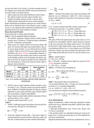 ﬂen hava ak›ﬂ debisi L/s.m2 olarak, ya da birim zamanda hacimsel
hava de¤iﬂim say›s› olarak ifade edilebilir. Dizayn havaland›rma de-
bisi temel olarak 4 ana faktöre dayan›r:
1. Kapal› otopark içerisinde kabul edilebilecek kirletici düzeyi
2. Pik saatlerde otopark içerisinde çal›ﬂan otomobil say›s›
3. Otopark içerisindeki araçlar›n seyahat ve çal›ﬂma süresi
4. De¤iﬂik koﬂullar alt›nda tipik bir arac›n emisyon de¤erleri,
Kapal› otoparklarda havaland›rma miktar›n›n tam olarak belirlene-
bilmesi için bu faktörlerle ilgili verinin bilinmesi gerekir. Aﬂa¤›da
mevcut ve yeni yap›lacak kapal› otoparklar›n havaland›r›lmas› için
geliﬂtirilen bu basit bir dizayn yaklaﬂ›m› verilmiﬂtir.
Dizayn ‹çin Genel Prosedür
Hesap yönteminde ﬂu ad›mlar takip edilmelidir:
Ad›m 1: S›ras›yla aﬂa¤›daki bilgilerin toplanmas›
1. Pik kullan›m zaman›nda otoparkta hareket halinde bulunan
araçlar›n say›s›, N (boyutsuz). N de¤erinin tahmin edilebilmesi
için ITE el kitab›ndan yararlan›labilir.
2. Tipik bir araç için saatteki ortalama CO emisyonu de¤eri, ER
(gr/h). CO emisyonu ER de¤eri araç karakteristikleri, yak›t tü-
rü, arac›n çal›ﬂma koﬂullar› ve çevre faktörü gibi bir çok faktö-
re ba¤l›d›r. Tipik bir arac›n CO emisyonu de¤erlerinin tahmin
edilebilmesi için Tablo 14.46'dan yararlan›labilir. Marketler ve
al›ﬂveriﬂ merkezleri gibi araçlar›n genel olarak k›sa periyotlar-
la park edildi¤i yap›larda en çok karﬂ›laﬂ›lan olan durum, araç-
lar›n s›cak motor ile çal›ﬂt›rma an›ndaki emisyon de¤erleridir.
Ofis türü binalarda ise motorun ilk çal›ﬂt›rma an›nda so¤uk ol-
du¤u göz önüne al›nmal›d›r.
3. Tipik bir araç için kapal› otoparkta ortalama seyyahat ve çal›ﬂ-
ma süreleri, T (sn). Giriﬂ/ç›k›ﬂ süreleri için genel bir de¤erlen-
dirme ASHRAE el kitab›nda bulunabilir. Bu de¤erler ortalama
de¤erlerdir. ‹ﬂ ç›k›ﬂ› saatleri gibi daha yo¤un zamanlar› dikkate
alan senaryolarda, bu de¤erler yükseltilebilir.
4. Kapal› otopark içerisinde kabul edilebilir maksimum CO kon-
santrasyon düzeyi, CO max (ppm).
5. Otopark›n toplam döﬂeme alan›, Af (m2).
Ad›m 2:
1. Eﬂitlik 1’i kullanarak garaj›n birim döﬂeme alan› için pik kirle-
tici üretim h›z›, GR (gr/h.m2)’nin belirlenmesi:
N x ER
GR = ————— X 100 (1)
A f
2. Üretim h›z› de¤erinin referans GR0 = 26,8 gr/h.m2 de¤eri ile
boyutsuzlaﬂt›r›lmas› laz›md›r. Referans de¤er k›ﬂ›n so¤uk start
hali olan, en kötü koﬂullar göz önüne al›narak belirlenmiﬂtir.
GR
f = ———— X 100 (2)
GR0
Ad›m 3 : ‹stenilen birim döﬂeme alan› baﬂ›na havaland›rma debi
de¤erinin (L/s.m2) belirlenmesi. Eﬂitlik 3’te verilen korelasyon
katsay›s› kabul edilebilecek maksimum CO konsantrasyon de¤eri-
ne, COmax ba¤l›d›r.
L /s. m2 = C f T (3)
T (sn): Araçlar›n otopark içerisindeki ortalama seyahat süresi
C: korelasyon katsay›s›d›r. C ﬂu ﬂekilde verilmiﬂtir:
1,204 x 10-3 L /s2. m2 ; CO max= 15 ppm de¤eri için
C = 0,692 x 10-3 L /s2. m2 ; CO max= 25 ppm de¤eri için
0,482 x 10-3 L /s2. m2 ; CO max= 35 ppm de¤eri için
ÖRNEK.
450 araçl›k, 8300 m2'lik toplam kapal› alana sahip 2 katl› ve 2,75 m
ortalama tavan yüksekli¤ine sahip bir otopark örne¤i ele al›nacak-
t›r. Bir araç için geçerli olan toplam çal›ﬂma süresi, 120 saniyedir.
CO düzeyinin 25 ppm de¤erini hiçbir zaman aﬂmamas› için, gerek-
li havaland›rma debisini L/s.m2 ve hava de¤iﬂim say›s› ACH olarak
belirleyiniz. Çal›ﬂan araç say›s›n›n toplam araç kapasitesinin %40’›
kadar oldu¤u kabul edilecektir (buras› bir al›ﬂveriﬂ merkezi tesisi-
dir).
Ad›m 1: otopark bilgileri:
N = 450 x 0,4 = 180 araç
ER = 11,66 gr/dk (ortalama emisyon de¤eri k›ﬂ sezonu için Tablo
14.46'ya dayanarak verilmiﬂtir.)
T = 120 s; COmax = 25 ppm.
Ad›m 2 : CO üretim h›z›n›n hesaplanmas›:
180 x 11,66 gr / dk x 60 dk / h
(a) GR = —————————————— = 15,17 gr / h. m2
8300 m2
15,17
(b) f = ———— x 100 = 56,6
26,8
Ad›m 3 : Havaland›rma ‹htiyac›n›n belirlenmesi
3 no'lu eﬂitli¤i kullanarak COmax =25 ppm için, dizayn havaland›r-
ma debisi L /s. m2 cinsinden hesaplanabilir.
L /s. m2 = 0,692x 10 -3 x 56,6 x 120 s = 4,7
veya saat baﬂ›na hava de¤iﬂimi olarak hesaplamak gerekirse;
4,7 L / m. s2 x 10 -3 L / m3 x 3600 s / h
ACH = —————————————————— = 6,1
2,75 m
14.13. SI⁄INAKLAR
S›¤›nak havaland›rmas›, tehlike durumunda s›¤›naktaki insanlara
gerekli temiz havay› sa¤lamak amac›ndad›r. S›¤›nak içinde sa¤lan-
mas› gereken ﬂartlar:
1- Ortamdaki Karbondioksit oran› %2’den fazla, oksijen oran›
%19’dan az olmamal›d›r.
2- D›ﬂ ortamdan zehirli veya radyoaktif gazlar›n içeri s›zmas›n› ön-
lemek üzere iç ortamda d›ﬂ ortama göre en az 50 Pa de¤erinde po-
zitif bas›nç yarat›lmal›d›r.
S›¤›nak havaland›r›lmas›nda tesisatta hava ﬂartland›r›lmaz. Yani ›s›-
467
{
Tablo 14.46. KAPALI OTOPARKLARDAK‹ T‹P‹K EM‹SYON
DE⁄ERLER‹
S›cak emisyonlar So¤uk emisyonlar
gr/dk gr/dk
Mevsim 1991 1996 1991 1996
Yaz (32 °C) 2,54 1,89 4,27 3,.66
K›ﬂ (0 °C) 3,61 3,38 20,74 18,96
 