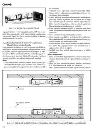 uygulanabilir (ﬁekil 17.48). Yaklaﬂ›k yükseklikleri 400 mm civar›n-
dad›r. Klima santrallerinden farkl› olarak müdahale kapaklar› alttan
veya üsttendir. Panel, filtre, fan ve serpantin özellikleri ve aksesuar-
lar› klima santralleri ile ayn›d›r.
17.3.2. Klima Santrallerinin Seçiminde Ve Uygulamas›nda
Dikkat Edilmesi Gereken Hususlar
Klima santralleri seçimlerinin ›s› kayb›, ›s› kazanc›, hava debisi, ba-
s›nç kay›plar›, hava kalitesi vs. kriterlere ba¤l› yap›lmas›n›n yan› s›-
ra, seçimler yap›l›rken uygulama alanlar›na uygunlu¤una da bak›l-
mas› gerekir. Klima santralleri temel özellikleri d›ﬂ›nda, aﬂa¤›da ve-
rilen hususlarda da seçiminde dikkat edilmesi gerekir. Uygulama
süresinin uzunlu¤u ve servis kolayl›¤› da seçimde önemlidir.
Genel:
1- Klima santrallerinde müdahale yönünün do¤ru seçilmesi çok
önemlidir. Müdahale yönü tespit edildikten sonra müdahale ka-
paklar›n›n aç›labilmesi için gerekli mesafenin b›rak›lmas›na dik-
kat edilmelidir.
2- Yukar›daki hususa ba¤l› olarak serpantinlerin rahatl›kla söküle-
bilmesi için boru ba¤lant›lar›n›n müdahale kap›lar› ile ayn› yön-
de olmas›na dikkat edilmelidir.
3- Korozif bölgelerde kullan›lacak klima santralleri mutlaka koroz-
yona karﬂ› korumal› seçilmelidir. Fan salyangozu ve iç yüzeyler
özel boya ile boyanmal› serpantinler dald›rma boyal› olmal›d›r.
Filtre çerçeveleri de paslanmaz çelik veya boyal› seçilmelidir.
Damper kanatlar› yine paslanmaz çelik olmal›d›r.
4- Klima santralleri transport kolayl›¤› ve ﬂantiyede rahat olarak
monte edilebilmesi için mümkün oldu¤unca parçal› olarak imal
edilmelidir.
5- Klima santrallerinde kap› sabitleyici bulunmal›d›r.
6- Klima santrali ç›k›ﬂ›ndaki ses seviyelerine dikkat edilmelidir.
Her ne kadar kanalda ses yutumu olacaksa da istenilen ses sevi-
yelerine ulaﬂmak için susturucu gerekebilir.
7- Susturucu ve fan hücresi aras›na mutlaka difüzör hücresi konul-
mas› gerekir. Fan ç›k›ﬂ a¤z› susturucu yüzey alan›ndan küçük ol-
du¤undan hava difüzör ile da¤›t›l›r.
8- Özellikle temiz hava taraf›nda kanal izolasyonu en iyi ﬂekilde
yap›lmal›d›r.
Harici Tip Santraller:
1. Harici tip santrallerde d›ﬂ yüzey mutlaka korozyona karﬂ› boyal›
olmal›d›r. Santralin üzerinde de ya¤mur biriktirmeyen bir çat› ol-
mal›d›r.
2. Harici tip klima santrallerinde damper kanatlar›, s›zd›rmazl›k
için, hücre içinde kalacak ﬂekilde imal edilmelidir.
3. Harici tip klima santrallerinde motor ba¤lant› delikleri santralin
546
ﬁekil 17.46. ALÇAK T‹P KL‹MA SANTRAL‹
ﬁekil 17.47. ALÇAK T‹P KL‹MA SANTLAR‹ UYGULAMASI (GEA-AT PICCO ALÇAK T‹P KL‹MA SANTRALLER‹)
 