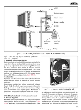 551
say›s› ∆ = 0,3 – 0,5 ; karﬂ› ak›ﬂl› ›s› de¤iﬂtiriciler için bu oran
∆ = 0,3 – 0,5 aras›ndad›r.
3. Rotasyonlu ve Rotasyonsuz Sistemler
Bu tip sistemlerde ›s› (uygulanabildi¤i durumlarda nem) at›lan ha-
vadan al›n›r ve bu ›s›y› depolayan kütle ile emilerek edilerek yavaﬂ-
ça d›ﬂ havaya do¤ru aktar›l›r. Sistemde meydana gelebilecek kaçak-
lara dikkat edilmelidir. Koku transferi de meydana gelecektir.
Sorbsiyonlu sistemlerde ›s› geri kazan›m katsay›s› 0,7 – 0,8 aras›n-
da, nem geri kazan›m katsay›s› 0,6 – 0,7 aras›nda; sorbsiyonsuz sis-
temlerdeyse ›s› geri kazan›m katsay›s› 0,6 – 0,8, nem geri kazan›m
katsay›s› 0,1 – 0,2 aras›nda de¤iﬂmektedir (ﬁekil 17.51.C).
4. Is› Pompalar›
Is›y› düﬂük s›cakl›ktaki bir havadan alan ve yüksek s›cakl›klarda
hava ak›m›na geri besleyen bir makine ya da cihazd›r. Buzlanma
riski vard›r.
Is› pompalar› genellikle hava so¤utma proseslerinde kullan›l›r.
Gerekli oldu¤u durumlarda ›s› geri kazan›m›nda da kullan›labilir.
Herhangi bir nem ve madde transferi hava ak›mlar›n›n belirgin
olarak ayr›lmas›ndan dolay› meydana gelmez. Kompresörlü ›s›
pompalar› ve absorpsiyonlu ›s› pompalar› olmak üzere iki tiptir.
17.4.1. Klima Santrallerinde Is› Geri Kazan›m Sistemleri
1- Plakal› Is› De¤iﬂtirici
Reküperatif tarzda çal›ﬂ›r, alüminyum veya çelik plakal› ›s› geri ka-
zan›m sistemidir. Sistem çapraz ak›ﬂ için dizayn edilmiﬂtir (ﬁekil
17.52). Taze hava ve egzoz havas› iki ayr› tabakadan geçer. Plaka-
lar maksimum ›s› transferini sa¤lamak üzere dizayn edilmiﬂtir. Mi-
nimum % 60 oran›nda ›s› geri kazan›m› sa¤lamal›d›r. Hava at›ﬂ ta-
raf›nda damla tutucu bulunur. Hava ak›ﬂ›n› kontrol edebilmek ve
donmay› önlemek amac› ile ›s› geri kazan›m hücresinde by-pass
damperi mevcuttur. Egzoz taraf›nda paslanmaz çelikten imal edil-
miﬂ kondens suyu tavas› bulunur ve bu tavan›n drenaj borusu (pas-
lanmaz çelik) hava s›zd›rmaz bir biçimde gövde d›ﬂ›na ç›kart›l›r.
ﬁekil 17.51.B. KAPALI ÇEVR‹M ISI GER‹ KAZANIMI (BATARYALI T‹P)
ﬁekil 17.51.C. ROTASYONLU ISI DE⁄‹ﬁT‹R‹C‹
 
