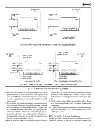 8- Fan coilli sistemlerde s›k s›k karﬂ›laﬂ›lan problemlerden biri de
yo¤uﬂma tavalar› ile ilgilidir. Seçilen fan coilde yo¤uﬂma tava-
s›n›n fan coil ba¤lant› armatürlerini örn. kesme vanas›, 2-veya
3- yollu vana gibi-tamamen içine alacak büyüklükte ve izoleli
olmas› gerekir
9- ‹ki borulu fan coil sistemlerinde mevsim geçiﬂ dönemlerindeki
›s›tma/so¤utma change-over problemlerini ortadan kald›rmak
için ilave elektrikli ›s›t›c›l› fan coil kullan›labilir. Örne¤in ‹stan-
bul Hilton Otelindeki her yatak kat›nda belli say›da yatak oda-
s›nda ilave elektrikli ›s›t›c›l› fan coil monte edilmiﬂtir. Ayn› uy-
gulama baz› ofislerinde gece vardiyas› olan iﬂ merkezleri veya
genel müdürlük binalar› için de geçerlidir. (Örne¤in bekçi oda-
lar›, bilgi iﬂlem personel ofisleri v.s. için)
10- Fan coil bataryalar› bak›r borulu-alüminyum kanatl› olarak imal
edilirler. Fan coil kullan›lacak ortamda agresif/korozif ﬂartlar›n
bulunmas› halinde (Örne¤in asitik ortamlar, kimyasal banyo-
lar/laboratuarlar v.s.) batarya malzemesini kontrol etmek gere-
kir.
11- Direkt genleﬂmeli fan coil kullan›lmas›nda bataryada bir donma
riski oluﬂumunu azaltmak için devir say›lar›n› yüksek seçmek
gerekecektir.
12- Kar›ﬂ›m haval› döﬂeme/tavan tiplerinde d›ﬂardaki ortamdan ge-
lecek sesin engellenmesi için susturucu kullan›lmas› tavsiye
edilir. (ﬁekil 17.80)
17.6.4. Fan Coil Ses Seviyesinin Hesaplanmas›
Mahalde gerçekleﬂen ses bas›nç seviyesi orada bulunan fan coille-
rin adetine, konumuna ve mahallin hacmine ve akustik karakterine
561
ﬁekil 17.79. FAN COIL OTOMAT‹K KONTROL ﬁEK‹LLER‹
‹K‹ BORULU FAN COIL C‹HAZI ODA TERMOSTATI ‹LE KONTROL SEÇENEKLER‹
DÖRT BORULU FAN COIL C‹HAZI ODA TERMOSTATI ‹LE KONTROL SEÇENEKLER‹
FAN KONTROLÜ
 