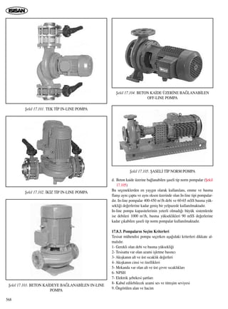 d. Beton kaide üzerine ba¤lanabilen ﬂaseli tip norm pompalar (ﬁekil
17.105)
Bu seçeneklerden en yayg›n olarak kullan›lan›, emme ve basma
flanﬂ› ayn› çapta ve ayn› eksen üzerinde olan In-line tipi pompalar-
d›r. In-line pompalar 400-450 m3/h debi ve 60-65 mSS basma yük-
sekli¤i de¤erlerine kadar geniﬂ bir yelpazede kullan›lmaktad›r.
In-line pompa kapasitelerinin yeterli olmad›¤› büyük sistemlerde
ise debileri 1000 m3/h, basma yükseklikleri 90 mSS de¤erlerine
kadar ç›kabilen ﬂaseli tip norm pompalar kullan›lmaktad›r.
17.8.3. Pompalar›n Seçim Kriterleri
Tesisat mühendisi pompa seçerken aﬂa¤›daki kriterleri dikkate al-
mal›d›r.
1- Gerekli olan debi ve basma yüksekli¤i
2- Tesisatta var olan azami iﬂletme bas›nc›
3- Ak›ﬂkan›n alt ve üst s›cakl›k de¤erleri
4- Ak›ﬂkan›n cinsi ve özellikleri
5- Mekanda var olan alt ve üst çevre s›cakl›klar›
6- NPSH
7- Elektrik ﬂebekesi ﬂartlar›
8- Kabul edilebilecek azami ses ve titreﬂim seviyesi
9. Öngörülen alan ve hacim
568
ﬁekil 17.101. TEK T‹P IN-LINE POMPA
ﬁekil 17.102. ‹K‹Z T‹P IN-LINE POMPA
ﬁekil 17.103. BETON KA‹DEYE BA⁄LANAB‹LEN IN-LINE
POMPA
ﬁekil 17.104. BETON KA‹DE ÜZER‹NE BA⁄LANAB‹LEN
OFF-LINE POMPA
ﬁekil 17.105. ﬁASEL‹ T‹P NORM POMPA
 