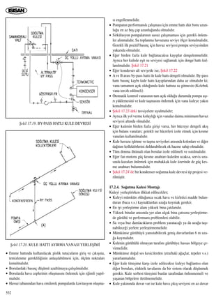 532
• Emme hatt›nda kullan›lacak pislik tutucular›n giriﬂ ve ç›k›ﬂ›na,
temizlenme gereklili¤inin anlaﬂ›labilmesi için, ölçüm noktalar›
konulmal›d›r.
• Borulardaki bas›nç düﬂümü azalt›lmaya çal›ﬂ›lmal›d›r.
• Borularda hava ceplerinin oluﬂmas›n› önlemek için e¤imli yap›l-
mal›d›r.
• Havuz taban›ndan hava emilerek pompalarda kavitasyon oluﬂma-
s› engellenmelidir.
• Pompan›n performansl› çal›ﬂmas› için emme hatt› düz boru uzun-
lu¤u en az beﬂ çap uzunlu¤unda olmal›d›r.
• Sirkülasyon pompalar›n›n susuz çal›ﬂmamas› için gerekli önlem-
ler al›nmal›d›r. Su toplanma havuzuna seviye ölçer konulmal›d›r.
Gerekli ilk pozitif bas›nç için havuz seviyesi pompa seviyesinden
yukar›da olmal›d›r.
• E¤er birden fazla kule ba¤lanacaksa kay›plar dengelenmelidir.
Ayr›ca her kulede eﬂit su seviyesi sa¤lamak için denge hatt› kul-
lan›lmal›d›r. ﬁekil 17.21
• E¤er konderser alt seviyede ise; ﬁekil 17.22
• A ve B aras› by-pass hatt› ile kule hatt› dengeli olmal›d›r. By-pass
hatt› bas›nç kayb› kule hatt› kay›plar›ndan daha az olmal›d›r ki;
vana tamamen aç›k oldu¤unda kule hatt›na su gitmesin (Kelebek
vana tercih edilmeli)
• Otomatik kontrol vanas›n›n tam aç›k oldu¤u durumda pompa aﬂ›-
r› yüklemesini ve kule taﬂmas›n› önlemek için vana kuleye yak›n
konulmal›d›r.
• ﬁekil 17.23’deki tavsiyelere uyulmal›d›r;
• Ayr›ca ilk yol verme kolayl›¤› için vanalar daima minimum havuz
seviyesi alt›nda olmal›d›r.
• E¤er kulenin birden fazla giriﬂi varsa, her hücreye dengeli ak›ﬂ
için balans vanalar›; gerekli ise hücreleri izole etmek için kesme
vanalar› kullan›lmal›d›r.
• Kule havuzu iﬂletme ve taﬂma seviyeleri aras›nda kolonlar› ve di¤er
da¤›t›m kollektörlerini doldurabilecek ek hacme sahip olmal›d›r.
• Tüm donma ihtimali olan borular izole edilmeli ve ›s›t›lmal›d›r.
• E¤er fan motoru güç kesme anahtar› kuleden uzaksa, servis s›ra-
s›nda kazalar› önlemek için muhakkak kule üzerinde de güç kes-
me anahtar› bulunmal›d›r.
• ﬁekil 17.24’de bir kondenser-so¤utma kule devresi tip projesi ve-
rilmiﬂtir.
17.2.4. So¤utma Kulesi Montaj›
Kuleyi yerleﬂtirirken dikkat edilecekler;
• Kuleyi mümkün oldu¤unca s›cak hava ve kirletici madde bulun-
duran (baca v.s.) kaynaklardan uza¤a koymak gerekir.
• En iyi yerleﬂtirme alan› yüksek bina çat›lar›d›r.
• Yüksek binalar aras›nda yer alan alçak bina çat›s›na yerleﬂtirme-
de gürültü ve performans problemleri olabilir.
• Su veya buz damlac›klar›n problem yarataca¤› ya da uza¤a taﬂ›-
nabilece¤i yerlere yerleﬂtirmemelidir.
• Mümkünse gürültüyü yans›tabilecek geniﬂ duvarlardan 6 m uza-
¤a koymal›d›r.
• Kulenin gürültülü olmayan taraf›n› gürültüye hassas bölgeye çe-
virmelidir.
• Mümkünse do¤al ses kesicilerden (etraftaki a¤açlar, tepeler v.s.)
yararlanmal›d›r.
• E¤er kule titreﬂime karﬂ› izole edilecekse kuleye ba¤lant›s› olan
di¤er borular›, elektrik tavalar›n› da bir sistem olarak düﬂünmek
gerekir. Kule serbest titreﬂimi bunlar taraf›ndan önlenmemeli ve
yaﬂanan bölgelere iletilmemelidir.
• Kule yak›n›nda duvar var ise kule hava ç›k›ﬂ seviyesi en az duvar
ﬁekil 17.19. BY-PASS HATLI KULE DEVRES‹
ﬁekil 17.20. KULE HATTI AYIRMA VANASI YERLEﬁ‹M‹
 