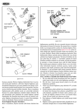 basmaya çal›ﬂ›rlar. Böylece ba¤lama düzleminde boru (veya ka-
nal) tavana göre hareketsiz, sabit kal›r. Deprem ba¤lamas› yap›-
lan hallerde kullan›lacak yayl› asma çubuklar› özel olmal› ve nor-
mal titreﬂim genli¤i d›ﬂ›nda harekete izin vermemelidir. Yani bas-
ma kuvvetlerini taﬂ›yacak özellikte olmal›d›r. Boru ve kanallar›n
ba¤lanmas›nda çelik çubuklar ancak yer yetersizli¤i nedeniyle
borunun iki yandan ba¤lanmas› mümkün de¤ilse kullan›l›r. Bu
gibi durumlarda çelik çubuklarla tek yandan ba¤lama yapmak
mümkündür. Bu elemanlar hem basmaya hem de çekmeye çal›-
ﬂ›rlar. Ba¤lama elemanlar›n›n hesab› ve seçimi firma katalogla-
r›nda yer almaktad›r. Bunun üzerinde durulmayacakt›r.
Esnek Ba¤lant› Parçalar› (Körükler).
Boru ve kanallar›n, döﬂeme üzerinde sabit duran cihazlara kat›
ba¤lanmamas› gereklidir. Bu ayn› zamanda titreﬂim izolasyonu
bak›m›ndan da istenen bir husustur. Bu amaçla boru ve kanallar
körük veya kompansatörler yard›m› ile cihazlara ba¤lan›r. Bura-
da kullan›lacak boru kompansatörleri ﬁekil 19.15’de verilen ör-
nekte oldu¤u gibi, depreme dayan›kl› olarak özel üretilmiﬂ, çok
iyi kalite olmal›d›r. Bunlar bütün hesaplanm›ﬂ hareketleri alma
kabiliyetinde dökme naylonla takviye edilmiﬂ düz veya dirsek
ﬂeklinde boru ba¤lant› parçalar›d›r. Tek küresel körükler, her iki
uçta çelik flanﬂ ile sonlan›r. 2” üzerindeki çaplarda iki küreli
(bombeli) körükler kullan›l›r ki iki bombe aras›nda dayan›kl›l›-
¤› art›rmak ve formu korumak üzere çelik bir halka bulunur.
E¤er içinden geçen ak›ﬂkan›n s›cakl›¤›, bas›nc› veya cinsi kulla-
n›lan malzemenin dayan›m s›n›rlar›n› aﬂ›yorsa, naylon yerine
paslanmaz çelik örgülü, paslanmaz çelik esnek boru kullan›labi-
lir. Bunlar›n 3” çap üzerindeki tipleri flanﬂl› olmal›d›r. Böylece
sistemde her iki taraf›n ba¤›ms›z hareket edebilme imkan› yara-
t›l›r. Cihazlar ve borular (veya kanallar) yap›ya ayr› ayr› sabit-
lenmiﬂtir ve her iki grup da farkl› hareketler yapabilir.
19.4.1. As›l› Boru ve Kanallar ‹çin Sismik Koruma Genel Notlar›
1. ‹ki veya daha fazla say›da mesnetlenen düz boru / kanal ge-
çiﬂleri yanal yönde en az iki yerde ba¤lanmay› gerektirir.
2. Her düz boru / kanal geçiﬂi eksenel yönde en az bir adet
ba¤lanmay› gerektirir.
3. Yanal veya eksenel ba¤lanma yatay düzlemle 45° ye kadar
aç› yapabilir.
4. Sismik ba¤lama çubuk ﬂeklinde kat› elemanlarla yap›labilir
(ki bunlar hem basmaya hem çekmeye çal›ﬂabilirler) veya
çelik halatlarla yap›labilir (ki bunlar sadece çekmeye çal›-
ﬂ›r) Her iki ba¤lama yöntemi de boru veya kanal›n düﬂey
yönde 100 mm içinde as›l› olmas›n› ﬂart koﬂar.
5. Kat› ba¤lama ve halatla ba¤lama ayn› yönde kar›ﬂ›k olarak
kullan›lamaz.
6. Ba¤lama sistemi yap›n›n depremde farkl› çal›ﬂabilecek iki ayr›
eleman›na (örne¤in duvar ve tavana) birlikte ba¤lanamaz.
592
ﬁekil 19.13.
ﬁekil 19.14.
ﬁekil 19.15
 